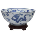 Oriental Furniture 14 Dragon Blue White Porcelain Bowl