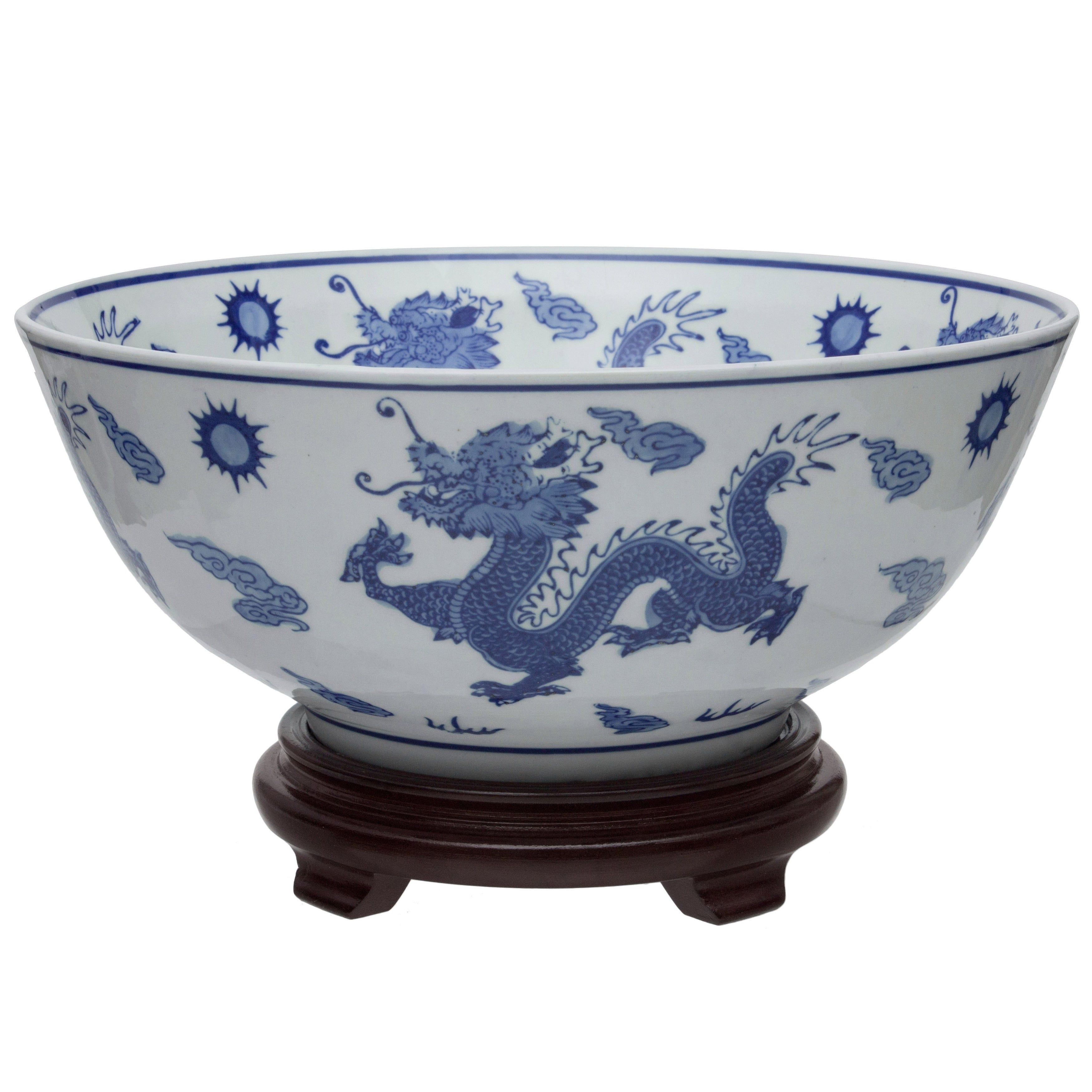 Oriental Furniture 14 Dragon Blue White Porcelain Bowl