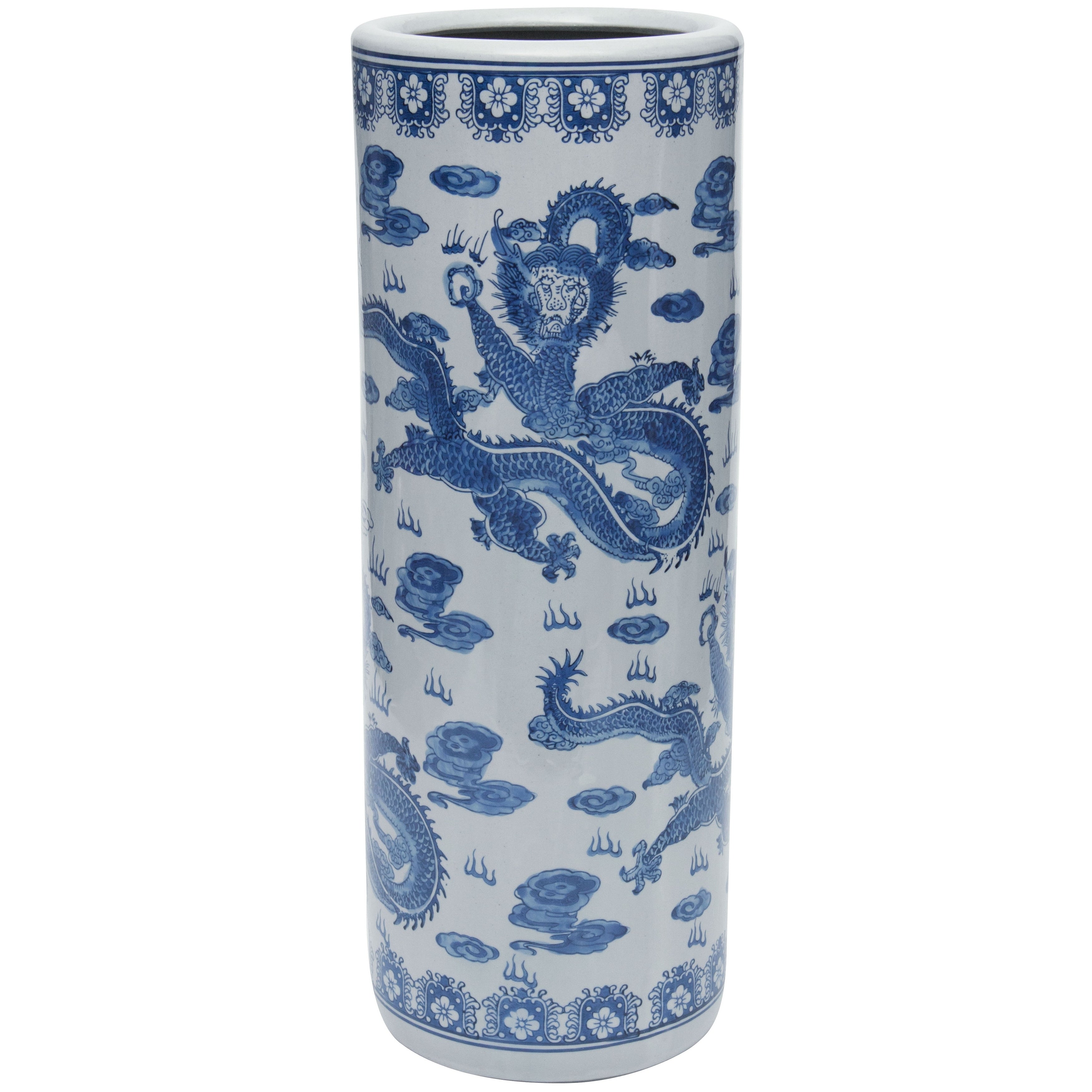 Oriental Furniture 24 Dragon Blue White Porcelain Umbrella Stand