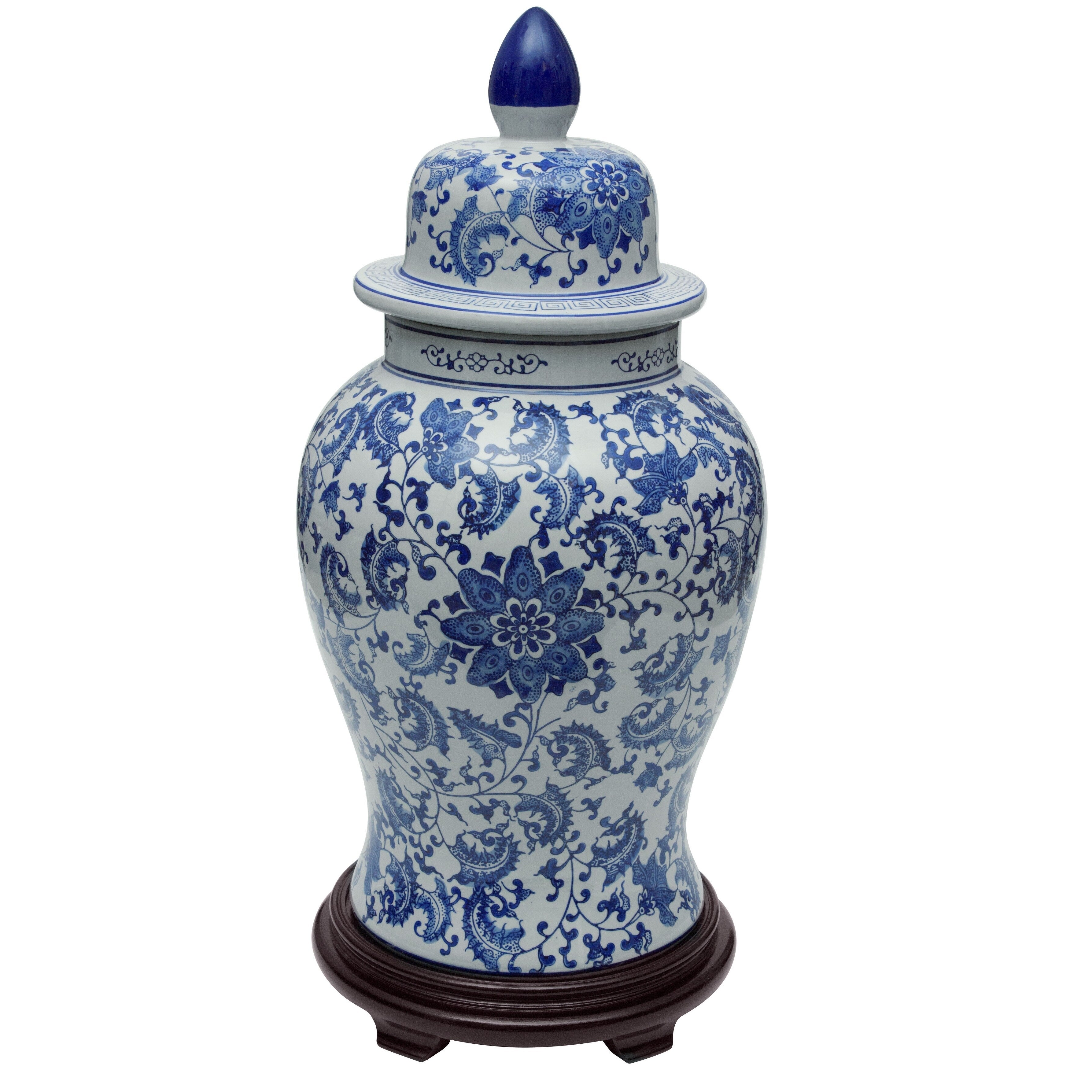 Oriental Furniture 24 Floral Blue White Porcelain Temple Jar