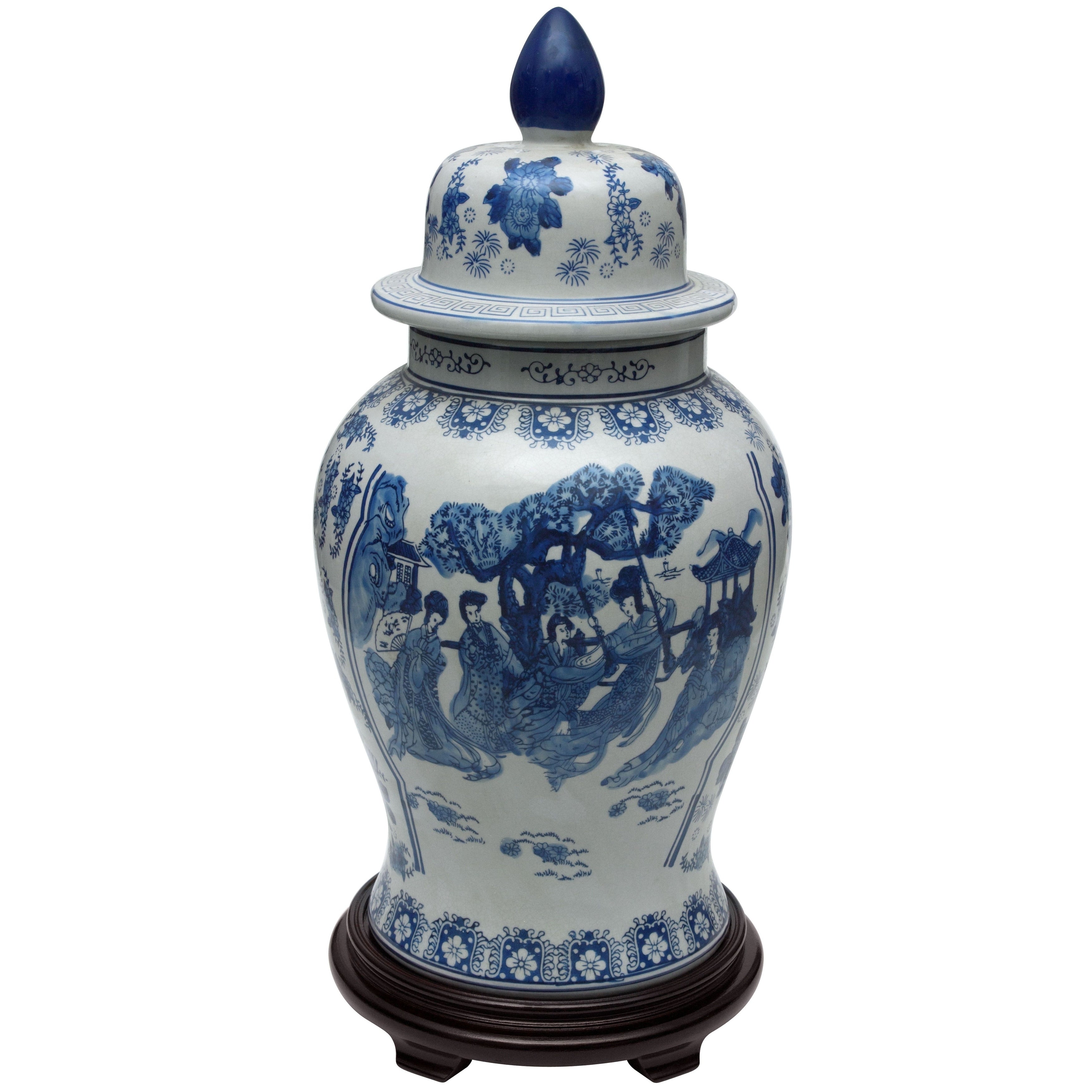 Oriental Furniture 24 Ladies Blue White Porcelain Temple Jar