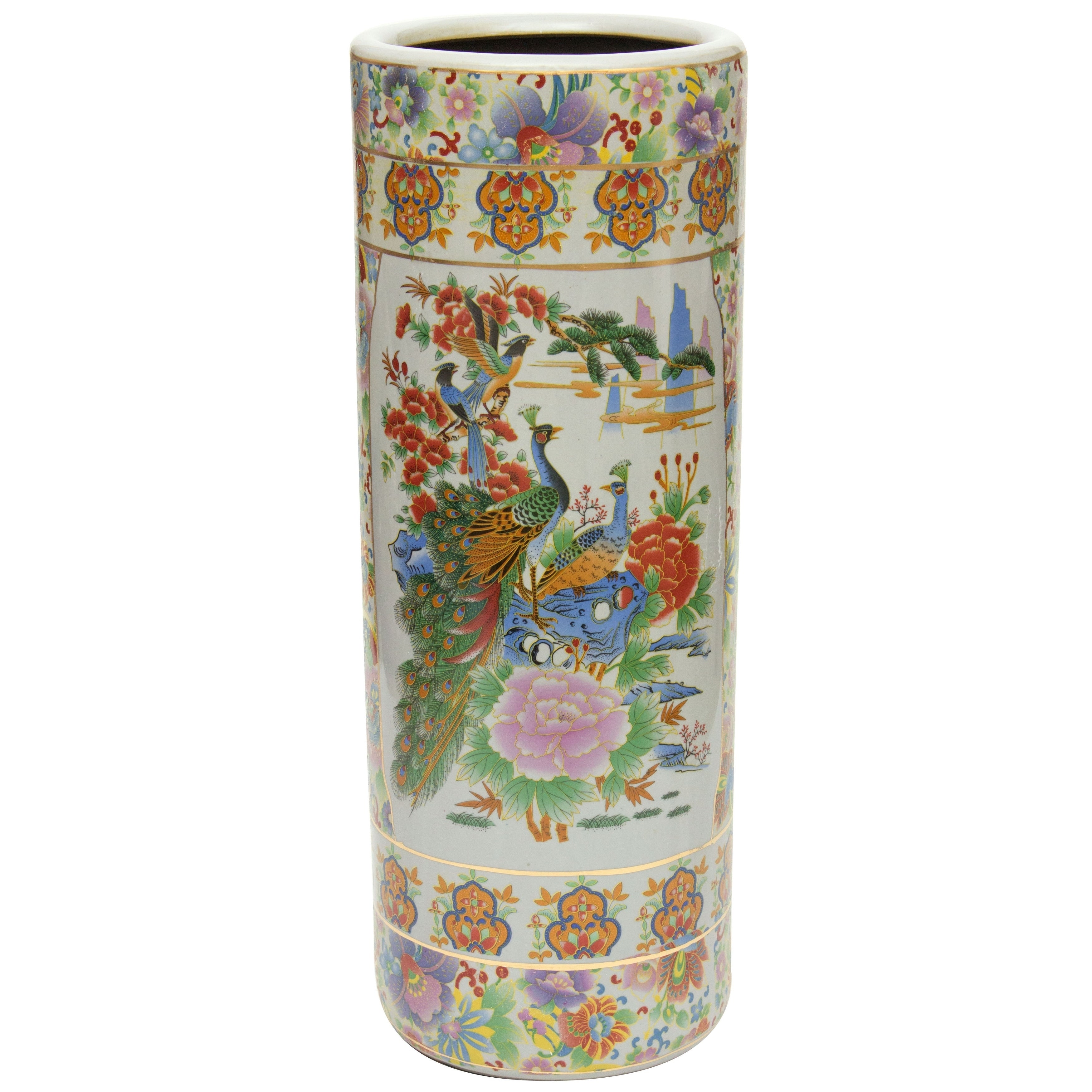 Oriental Furniture 24 Satsuma Birds Flowers Porcelain Umbrella Stand