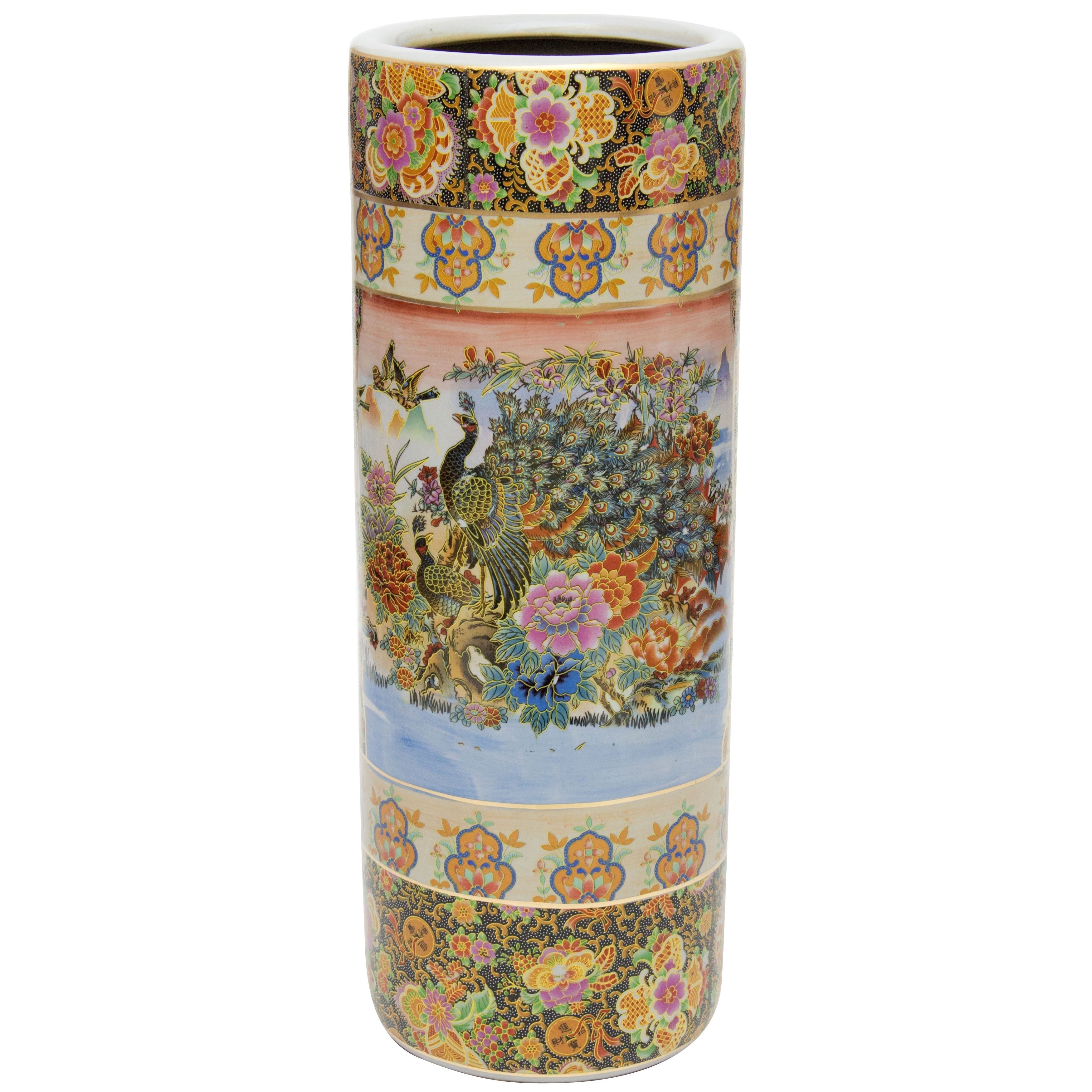 Oriental Furniture 24 Satsuma Peacock Porcelain Umbrella Stand