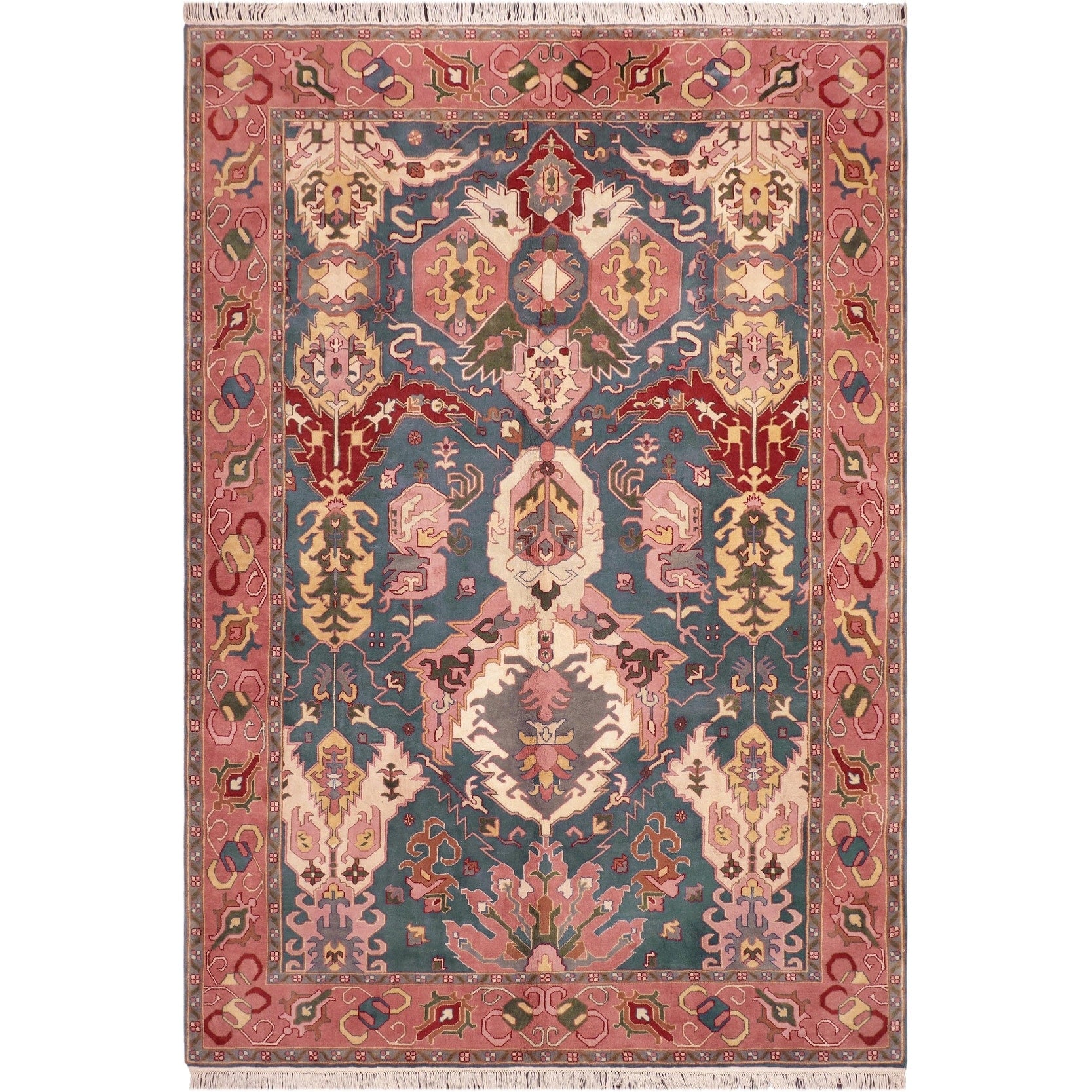 Oriental Medallion Blue Pink Hand Knotted Wool Rug 84 X 103 84 X 103