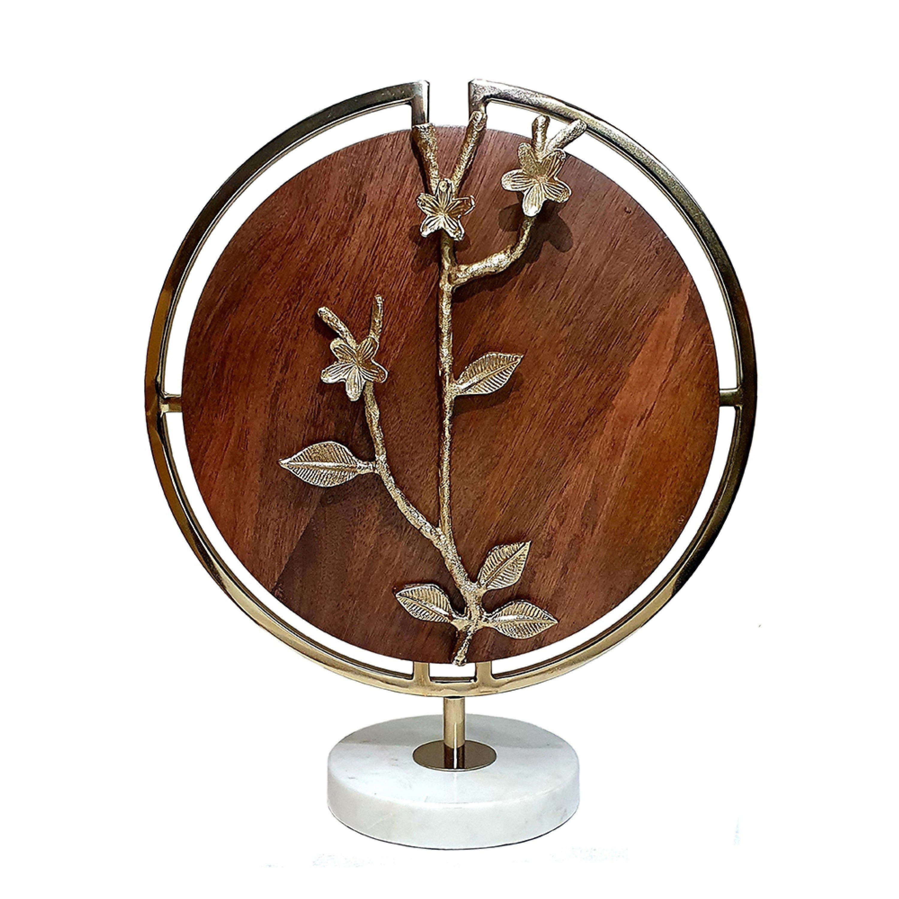 Orion Blossom Sculpture With Marble Base Brown Wood Gold Metal 17 Inch