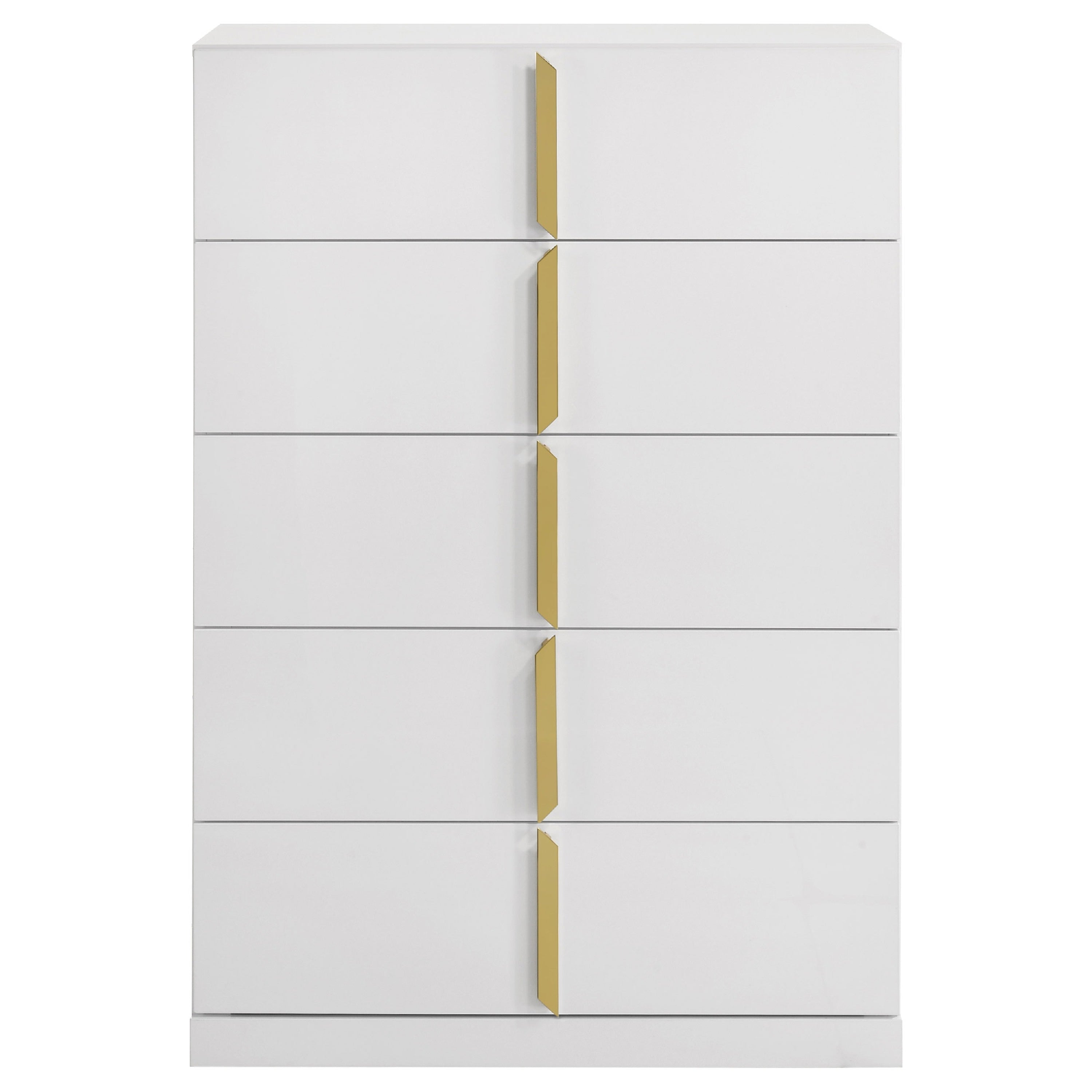 Orion Tall Dresser Chest With 5 Drawers Gold Handles Glossy White Wood