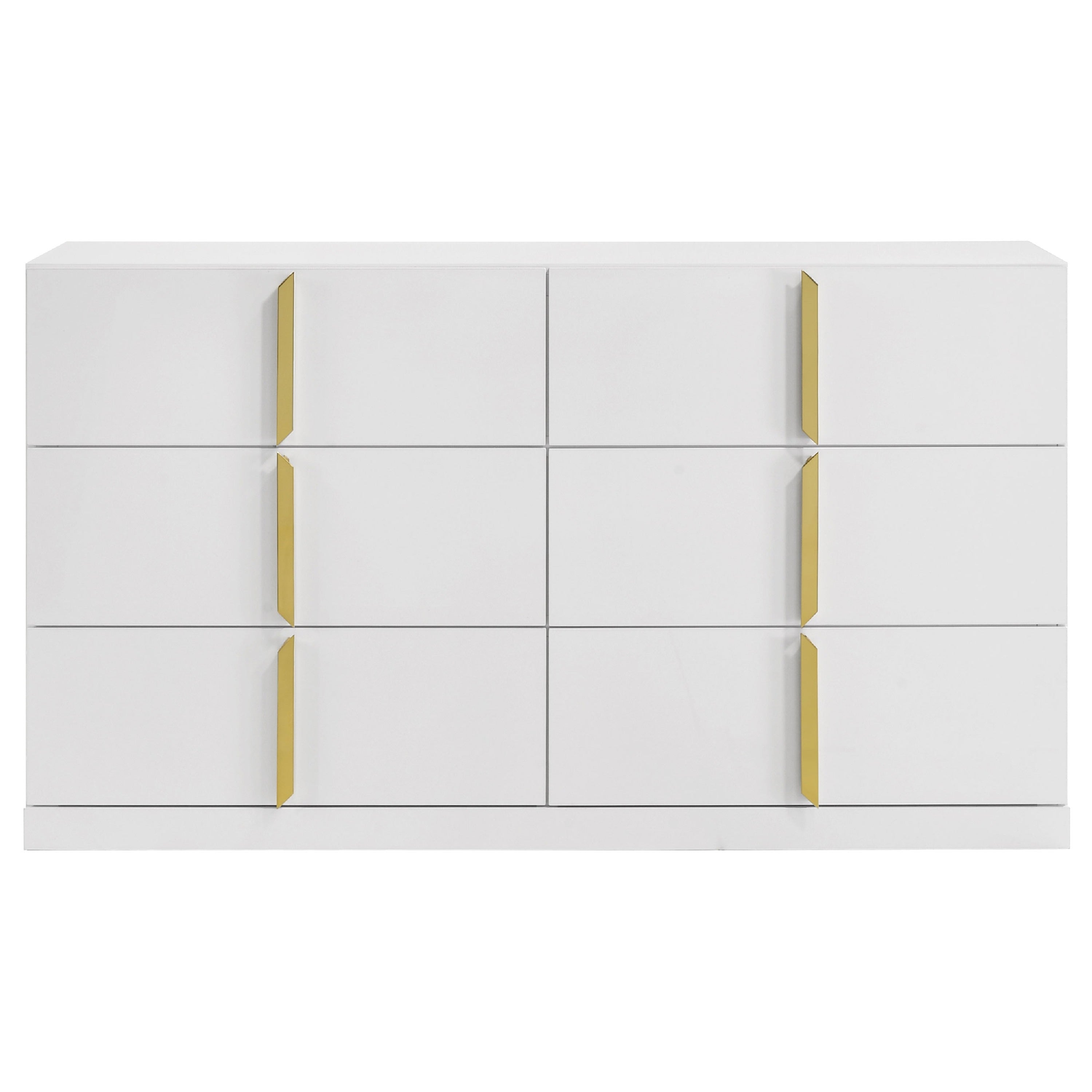 Orion Wide Dresser With 6 Drawers Gold Handles Glossy White Wood