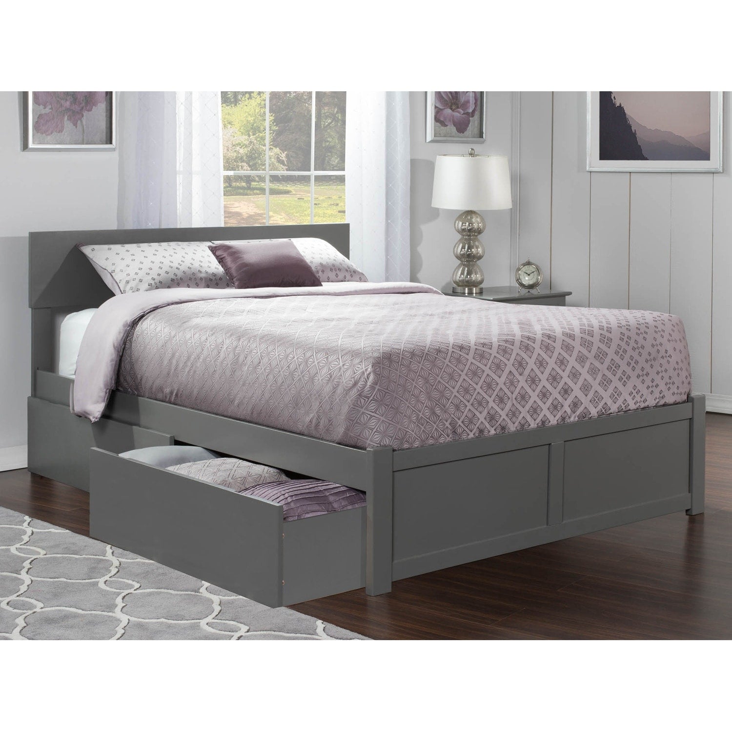 Orlando King Platform Bed With Flat Panel Foot Board And 2 Urban Bed Drawers In Atlantic Grey