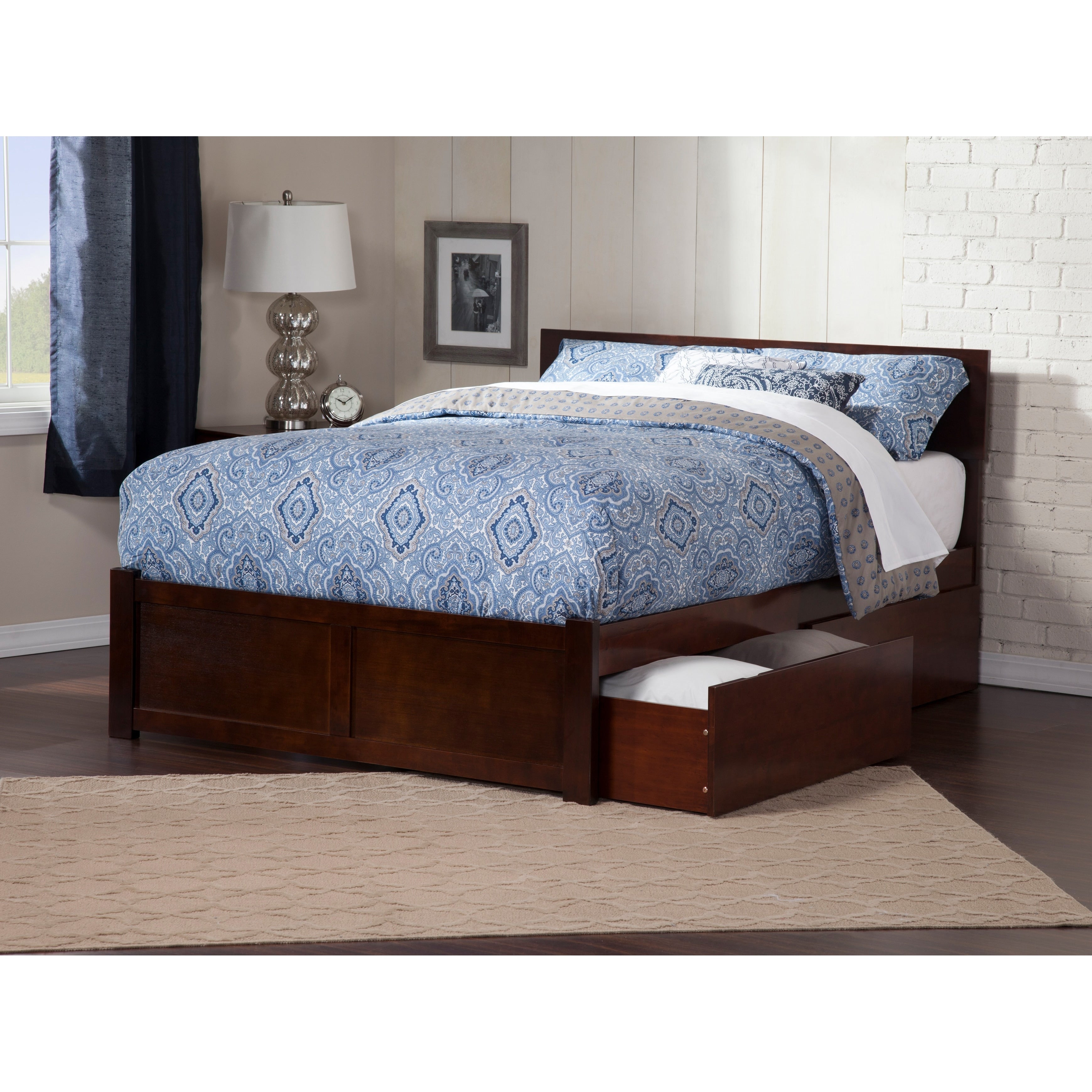 Atlantic Orlando Walnut Finished Wood Flat Paneled King Platform Bed With Footboard And 2 Urban Bed Drawers