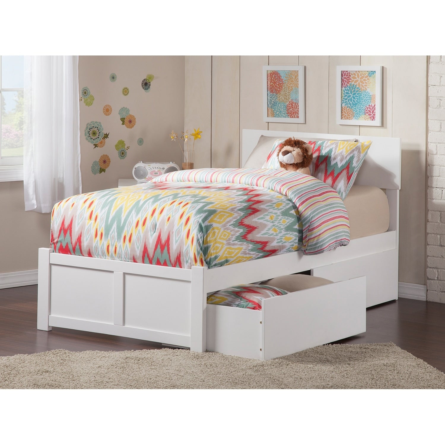 Orlando White Twin Flat Panel Foot Board Bed With Two Urban Bed Drawers