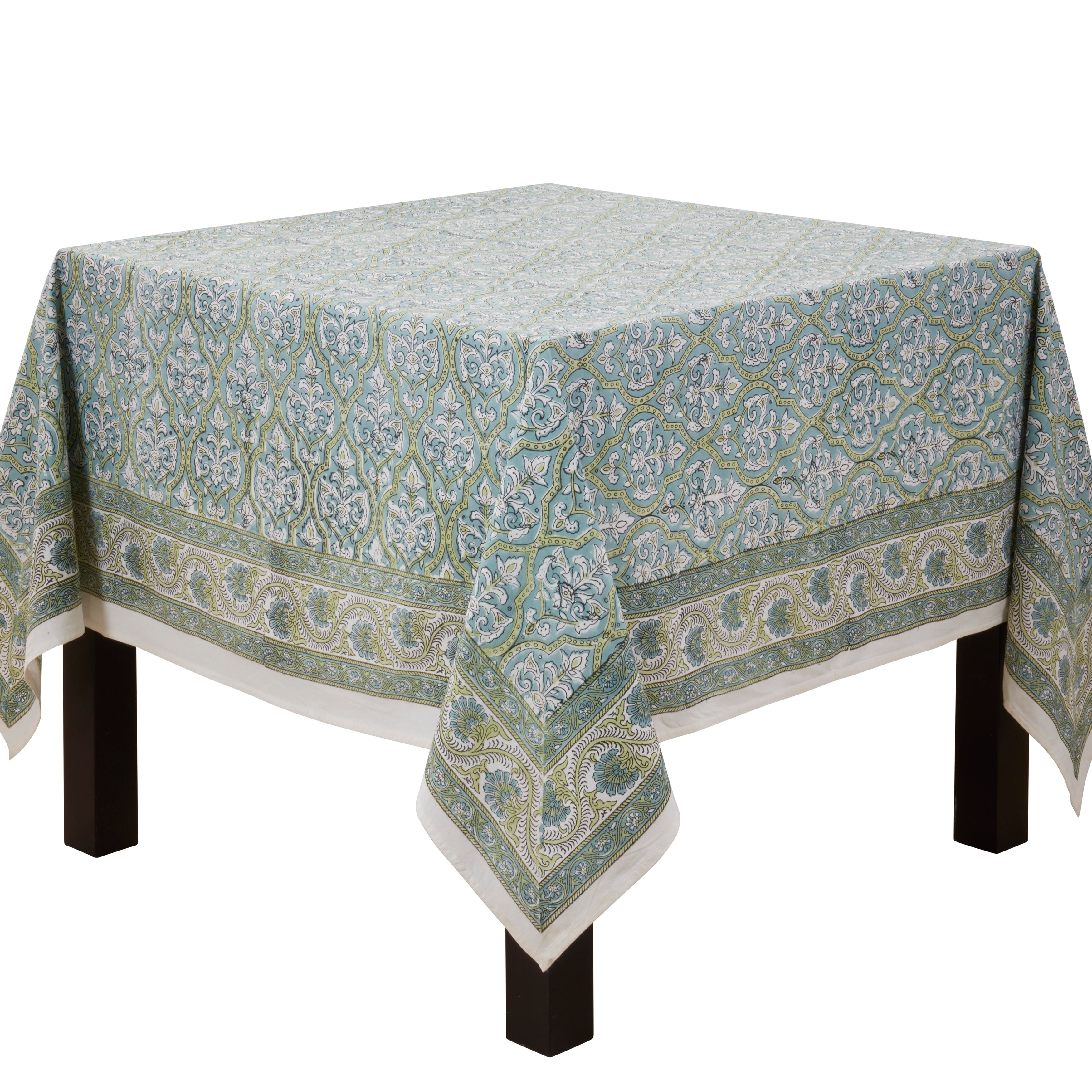 Ornate Floral Border Cotton Tablecloth With Traditional Motif Decorative Edge Detail 70
