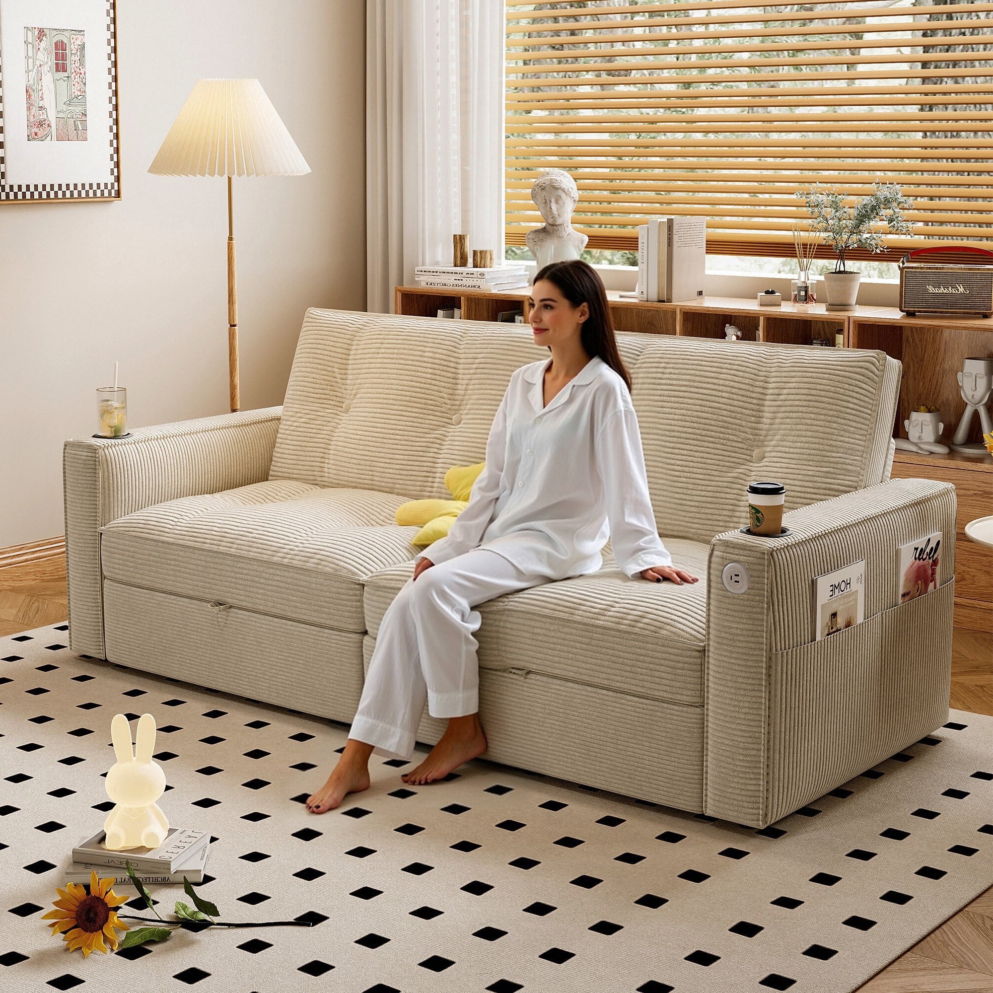 Otto 73 Corduroy Convertible Sofa Bed 2 In 1 With Steel Frame Breathable Fabric Guest Bed