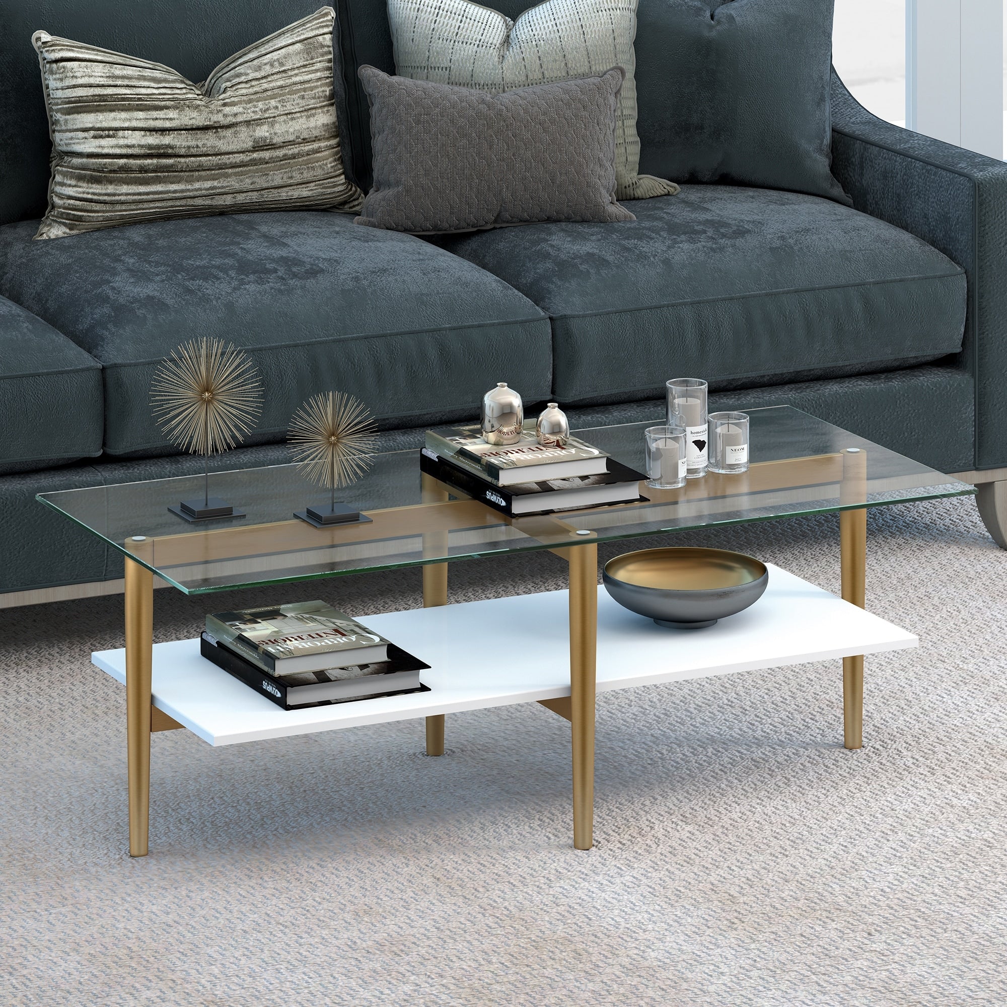 Otto Mid Century Glam Coffee Table In Gold With White Lacquer Shelf