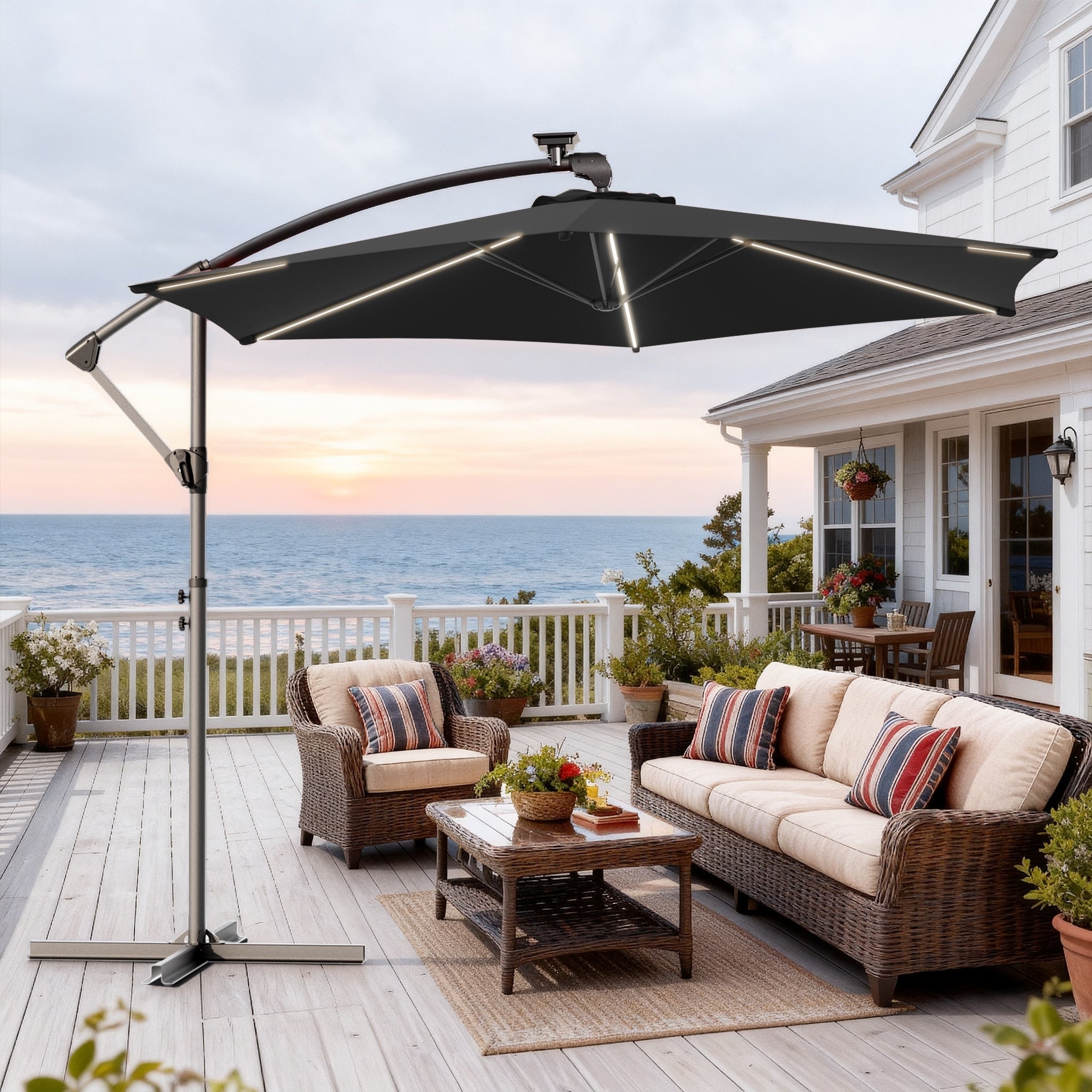 Outdoor 10Ft Led Lighted Patio Offset Umbrella For Garden