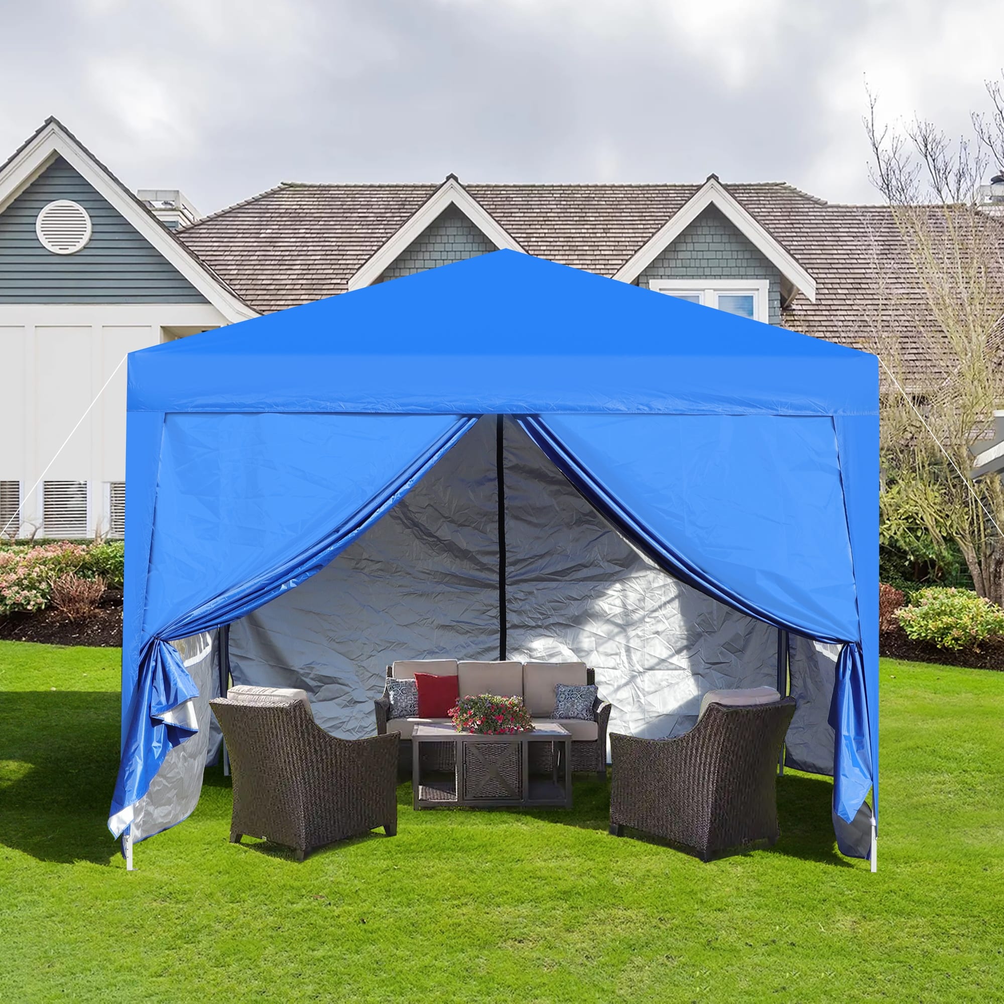 Outdoor 10X 10Ft Pop Up Gazebo Canopy Tent Removable Sidewall With Zipper 2Pcs Sidewall With Windows With 4Pcs Weight Sand Bag