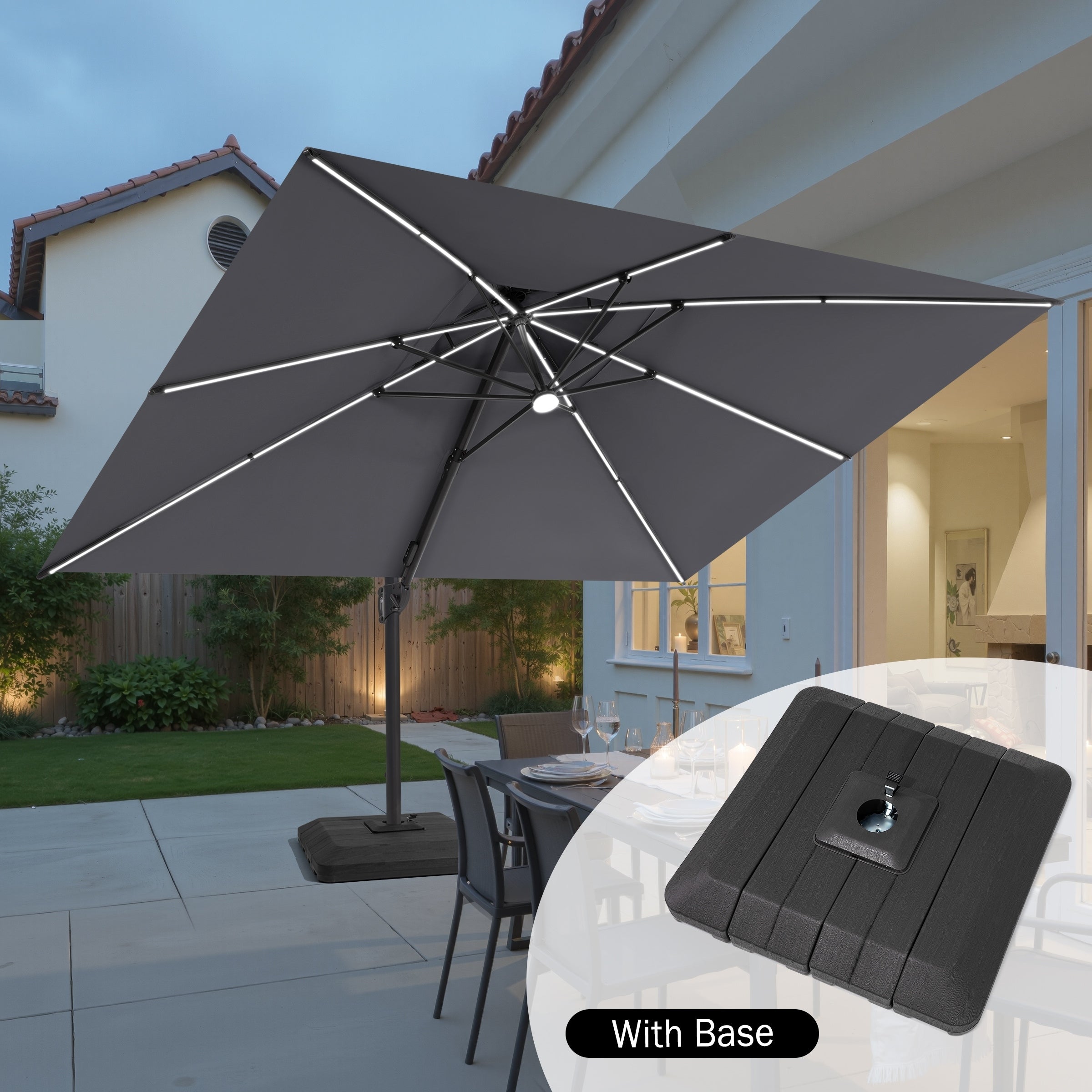 Outdoor 10X13Ft Patio Cantilever Umbrella Solar Light Double Top 360 Rotation Tilt With Base