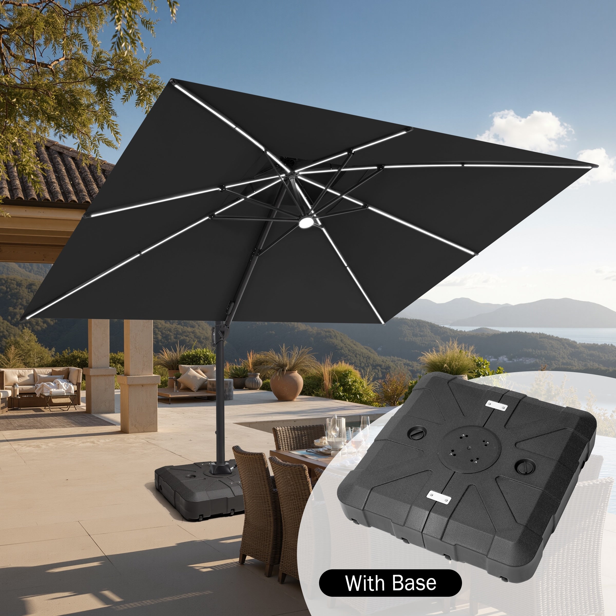 Outdoor 10X13Ft Patio Cantilever Umbrella Solar Light Double Top 360 Rotation Tilt With Wheels Base