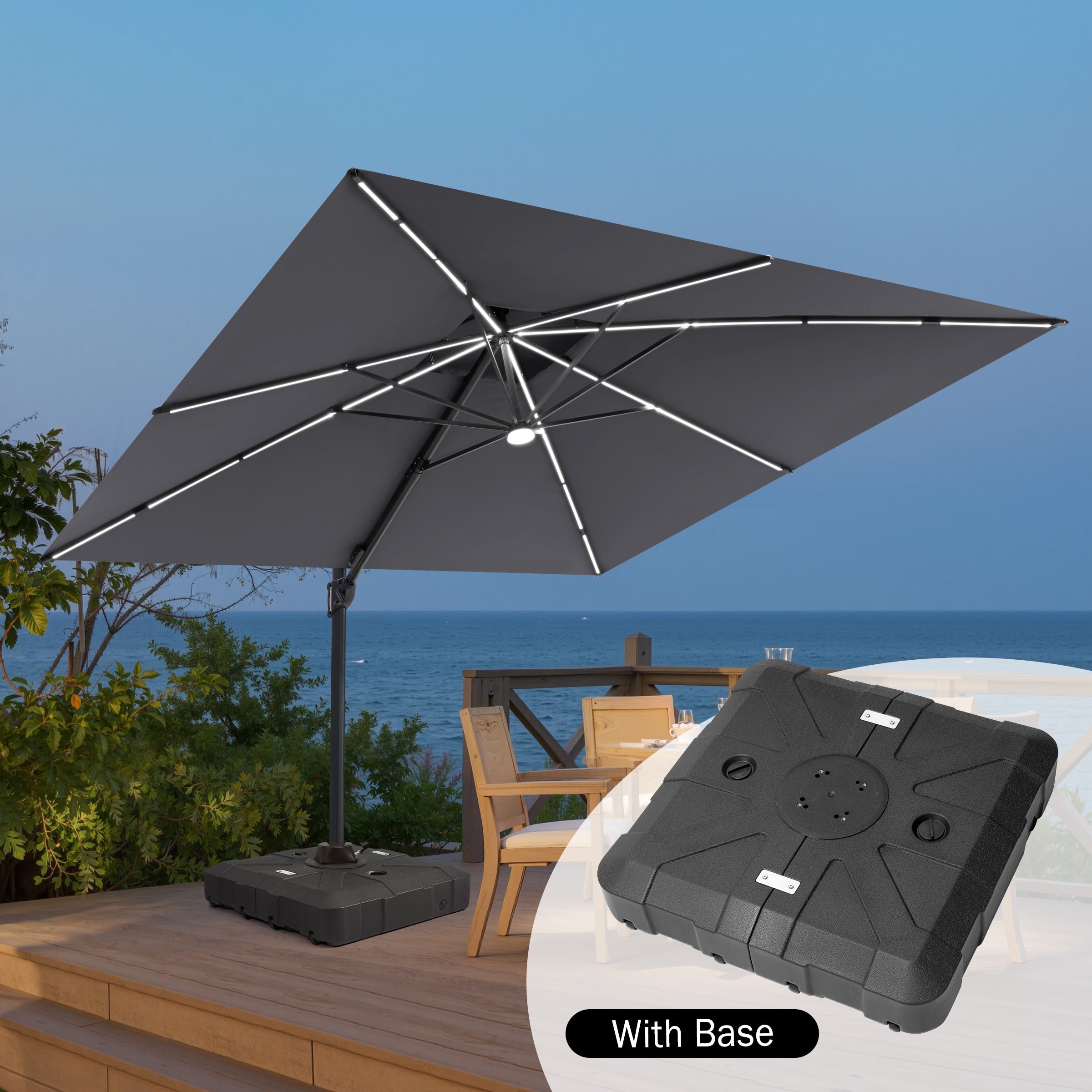 Outdoor Patio 11X11 Ft Led Solar Lights Cantilever Umbrella Double Canopy 360 Rotation Tilt With Wheel Base