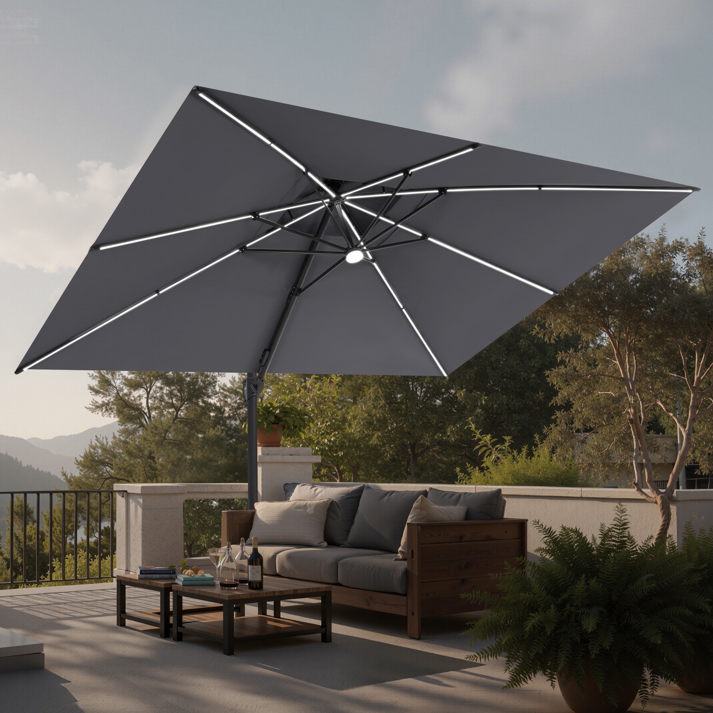 Outdoor 13X10Ft Patio Cantilever Umbrella Double Top With Solar Led Light Strips