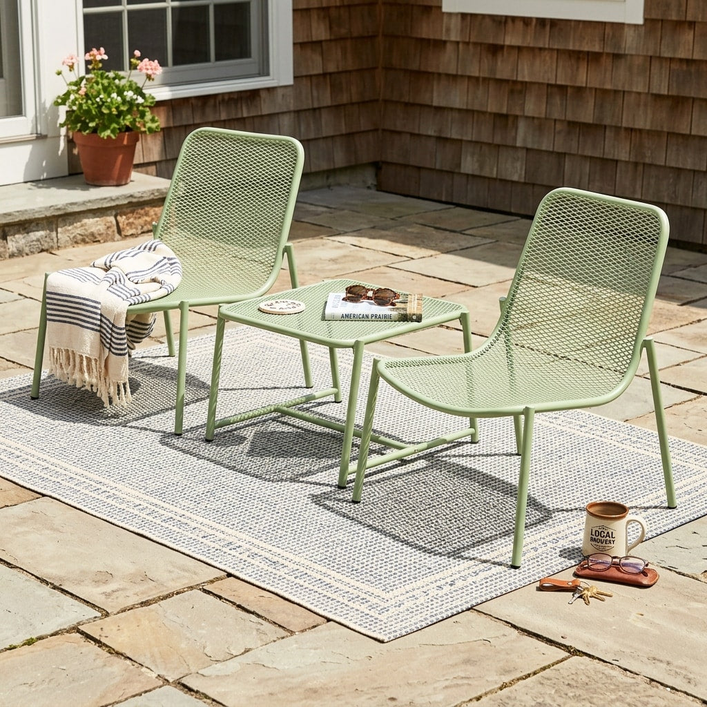 Outdoor 3 Piece Conversation Set With Iron Frame 2 Mesh Chairs 1 Side Table