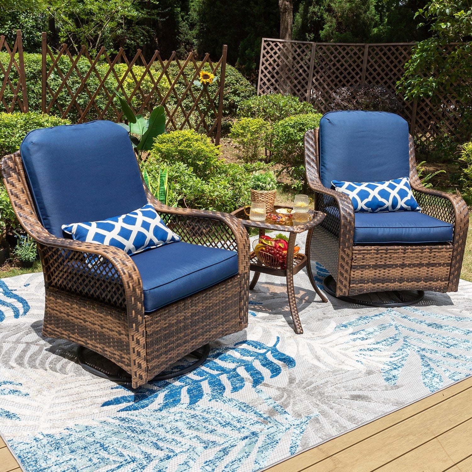 Havenside Home Clarese 3 Piece Rattan Swivel Rocking Conversation Set