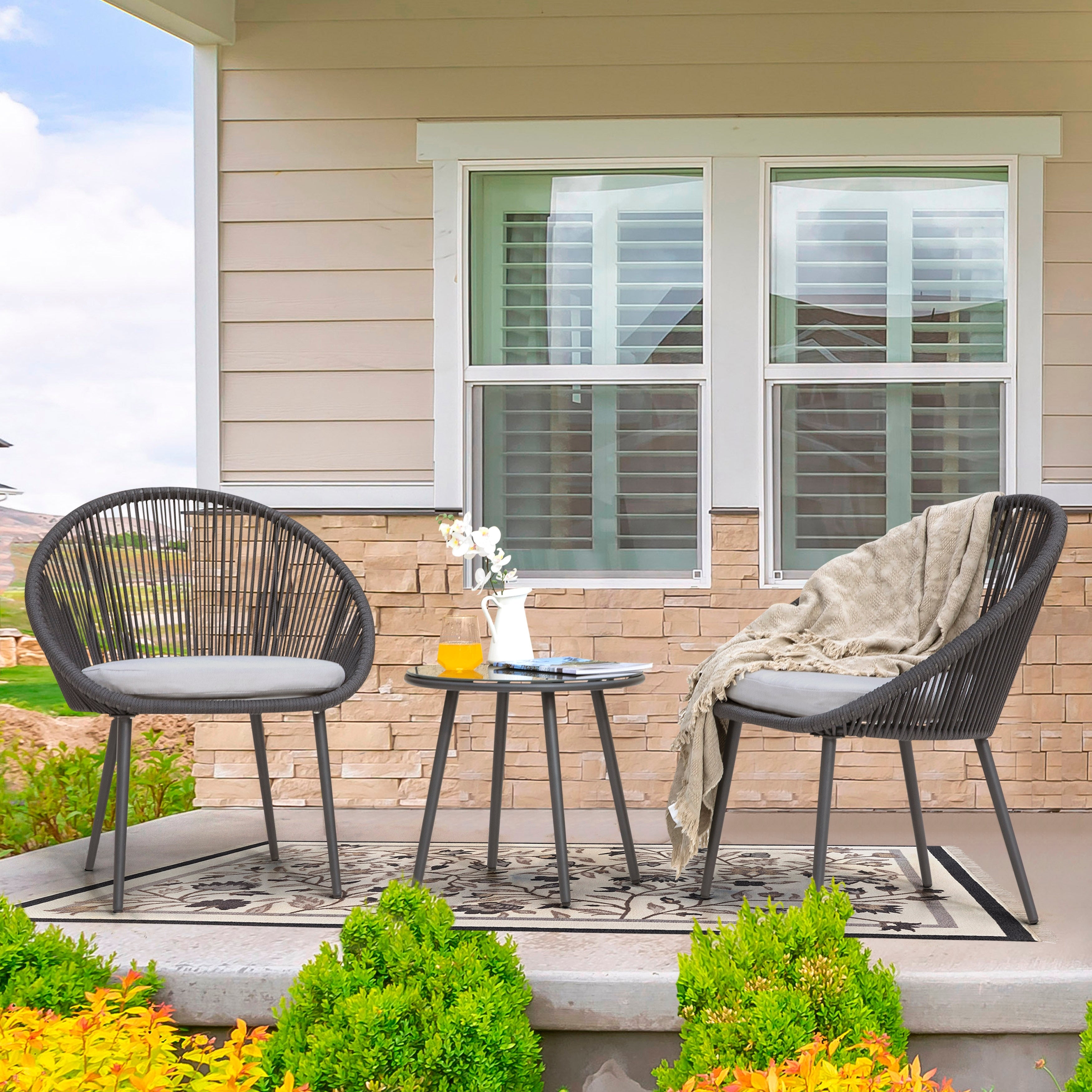 Nuu Garden Patio Rope 3 Piece Bistro Set With Cushions
