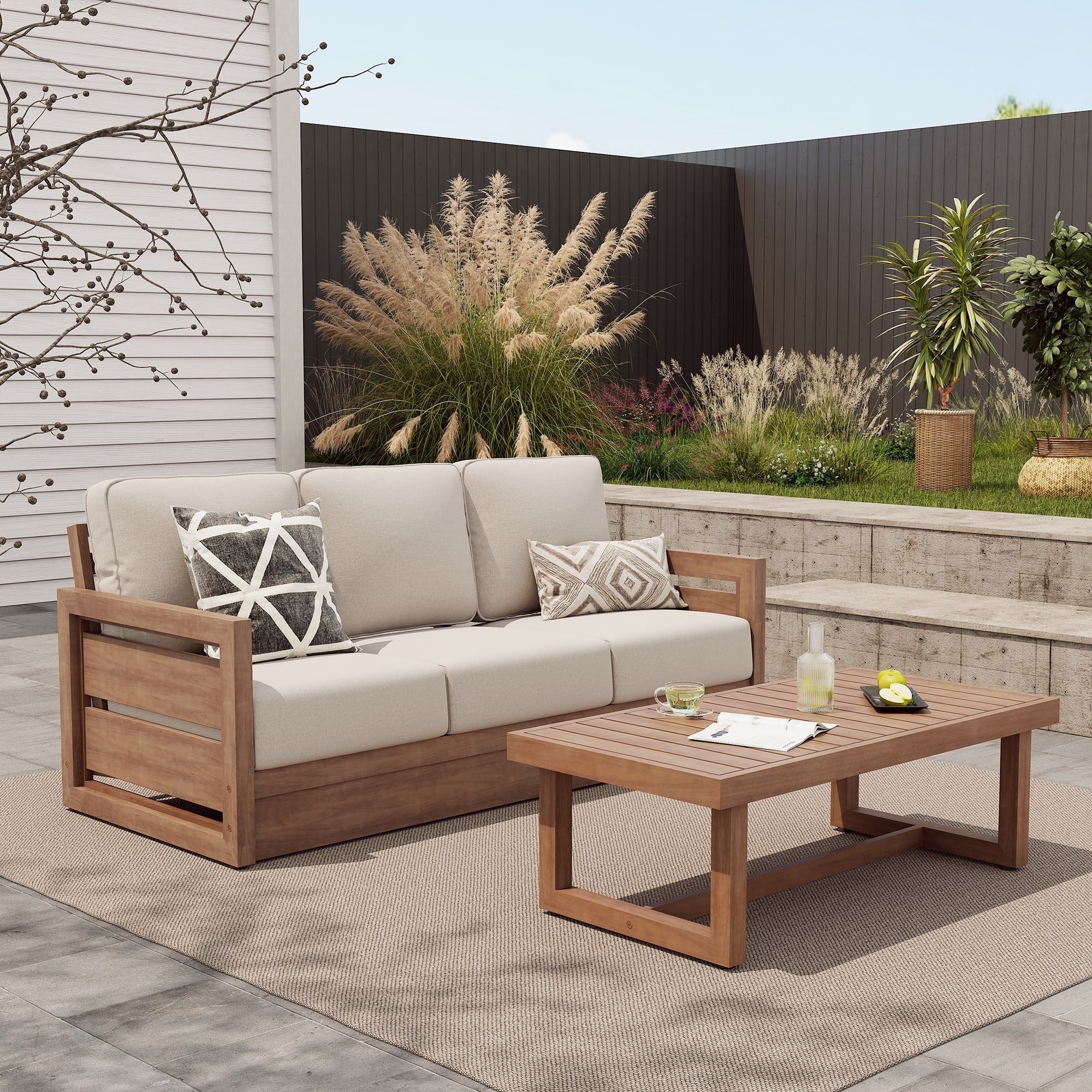 Outdoor 3 Seat Sofa Solid Acacia Wood With Coffee Table