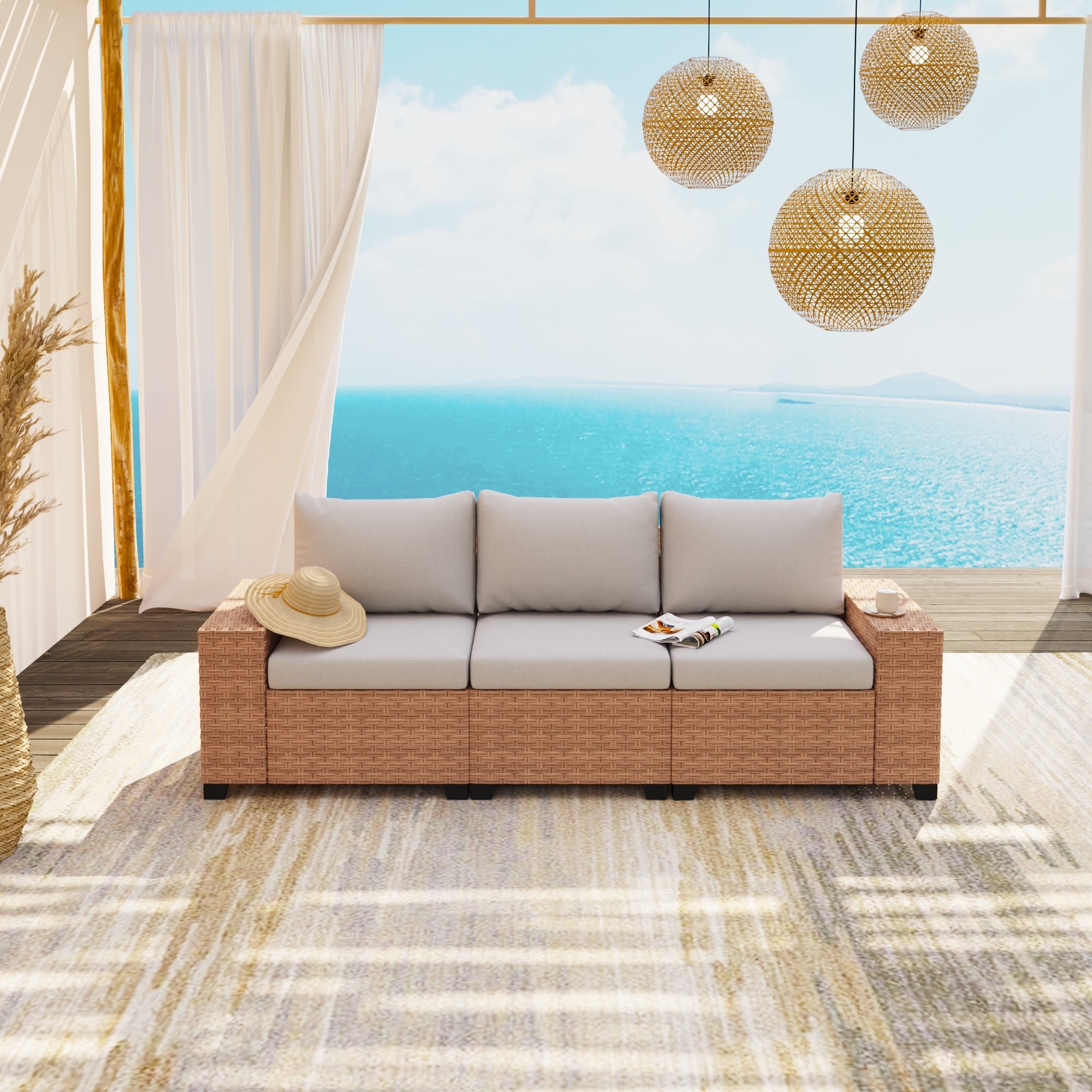 Outdoor 3 Seater Sofa With Soft Cushion And Wider Armrest Weather Resistant