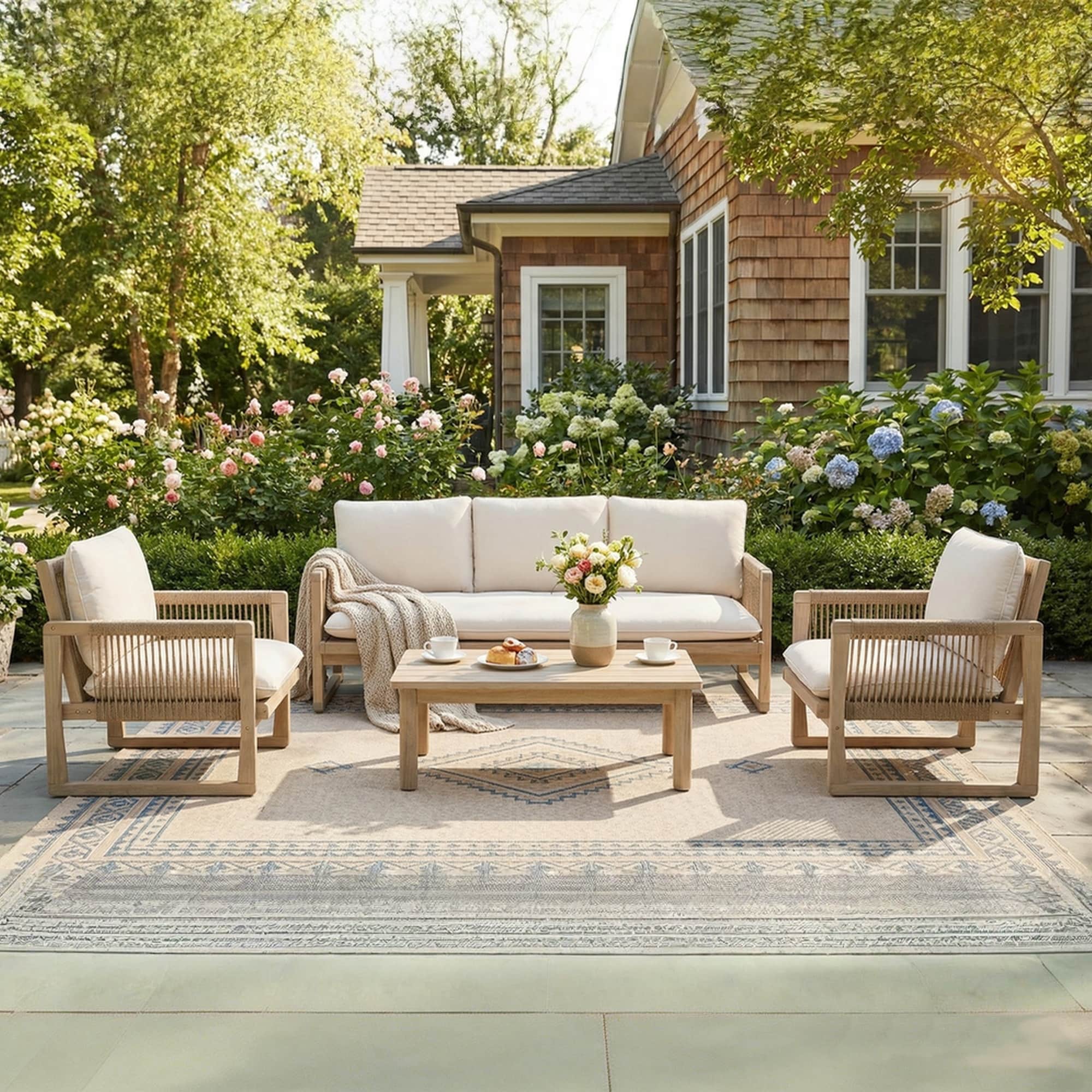 Outdoor 4 Piece Conversation Set Acacia Wood Patio 3 Seater Sofa Set Rope Weave Arm Chair With Coffee Table Weather Resistant