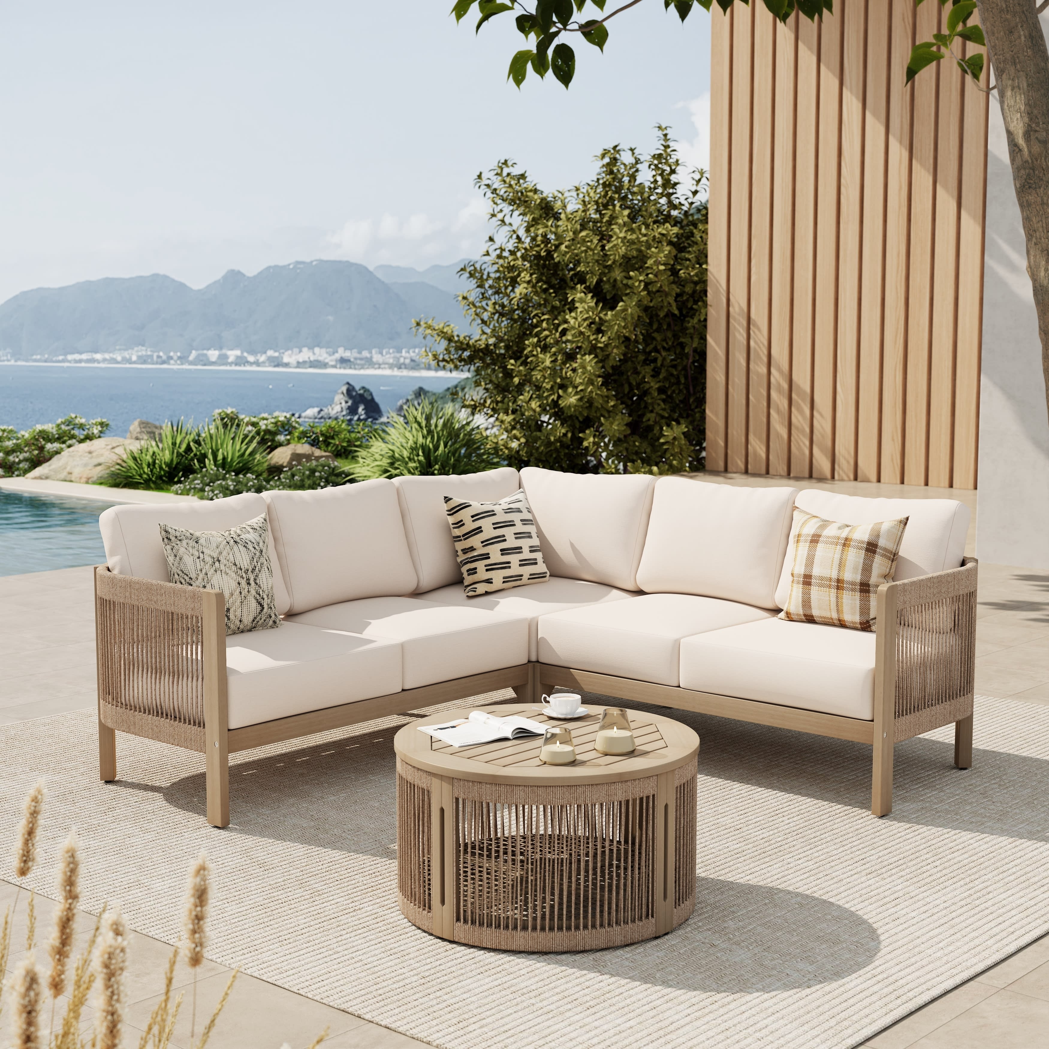 Outdoor 4 Piece Conversation Set Solid Acacia Wood L Shaped Sectional Sofa With Storage Coffee Table