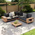 Outdoor 4 Piece Conversation Set Solid Eucalyptus Wood L Shaped Sectional Sofa With Coffee Table