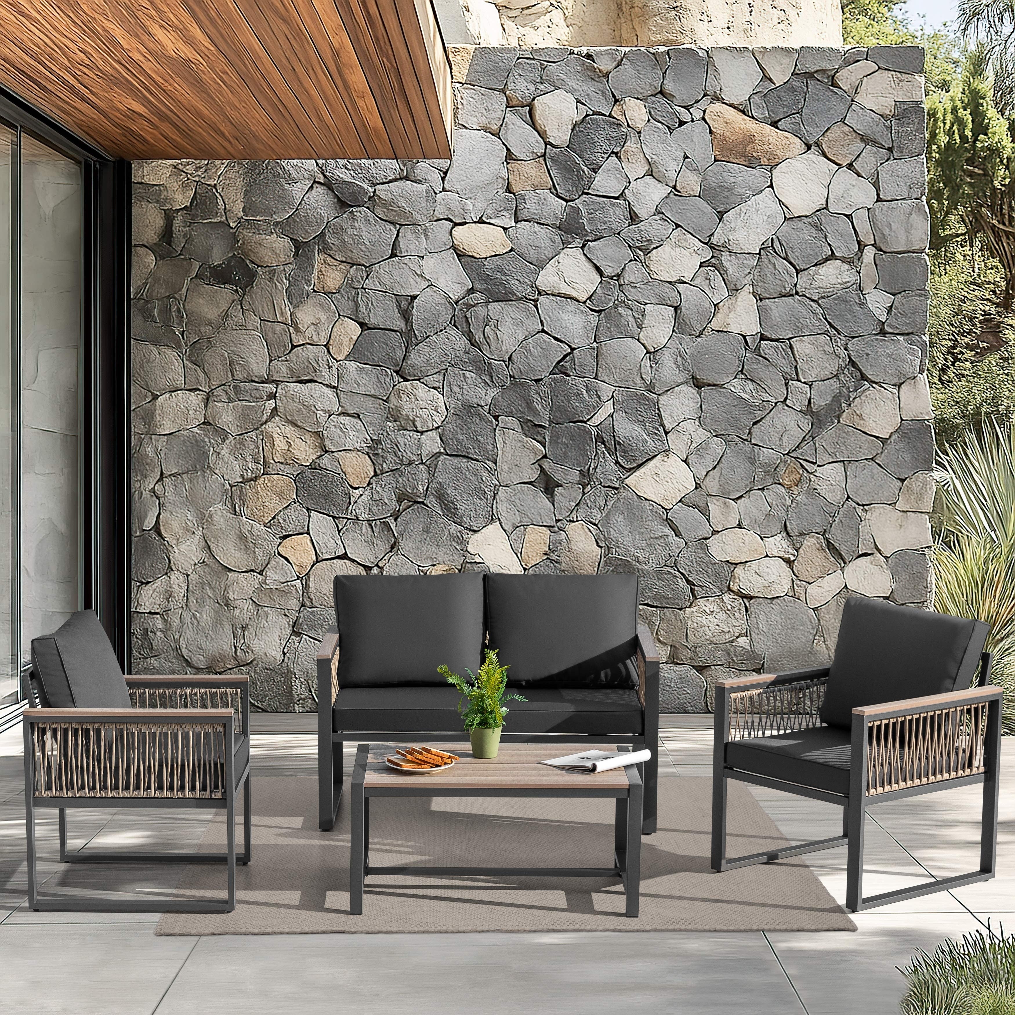 Outdoor 4 Piece Conversation Set With Cushions And Coffee Table