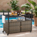 Outdoor 49.2 Pe Wicker Bar Cart With Cabinet Patio Serving Cart With Tempered Glass Top