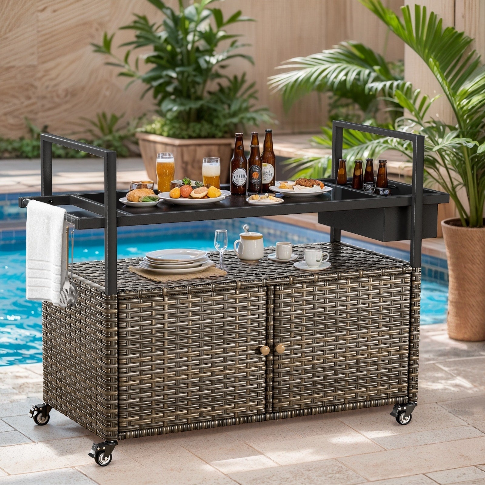 Outdoor 49.2 Pe Wicker Bar Cart With Cabinet Patio Serving Cart With Tempered Glass Top