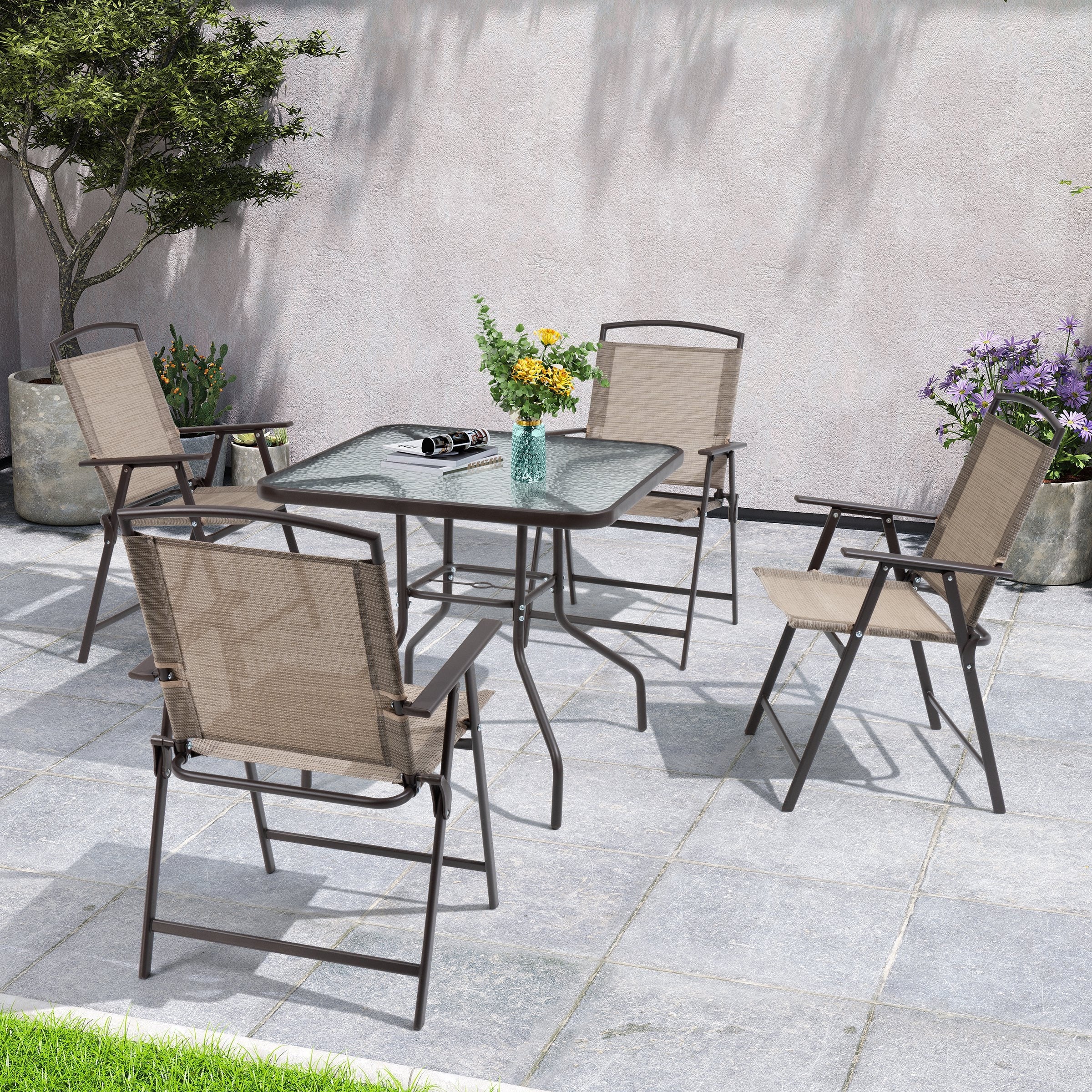 5 Piece Patio Dining Set With Umbrella Hole Brown