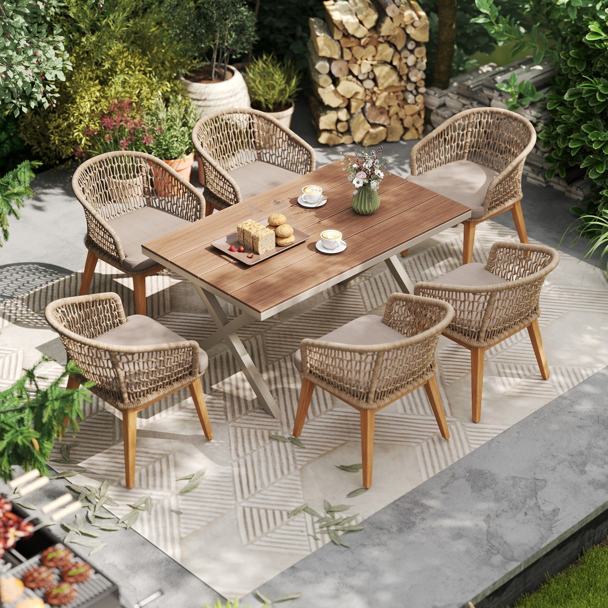 Outdoor 7 Piece Dining Chair With Rope Woven Backrest And Table Set