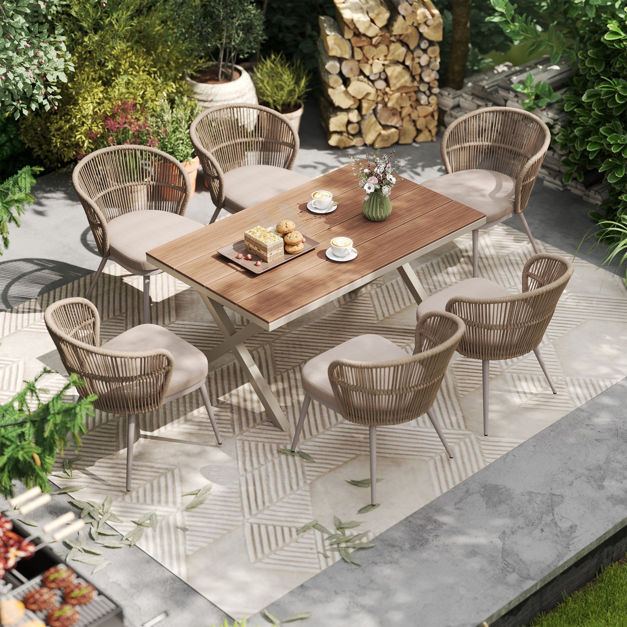 Outdoor 7 Piece Dining Chair With Shell Shaped Backrest And Table Set