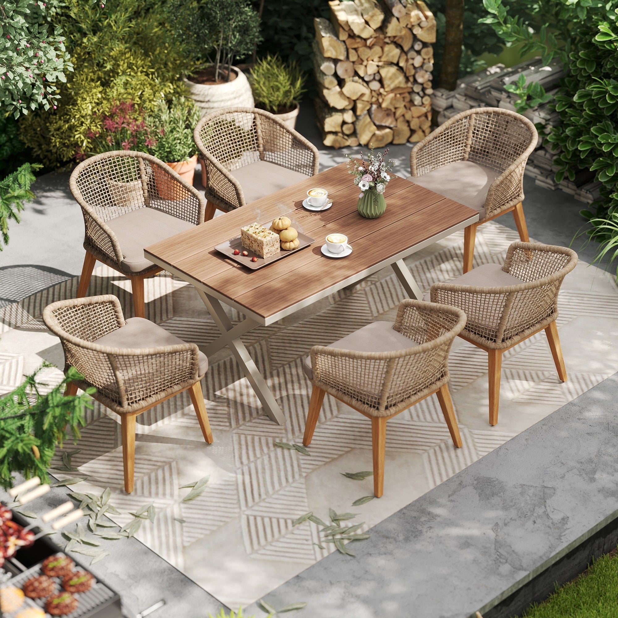 Outdoor 7 Piece Dining Set Chair With Rope Woven Backrest And Table