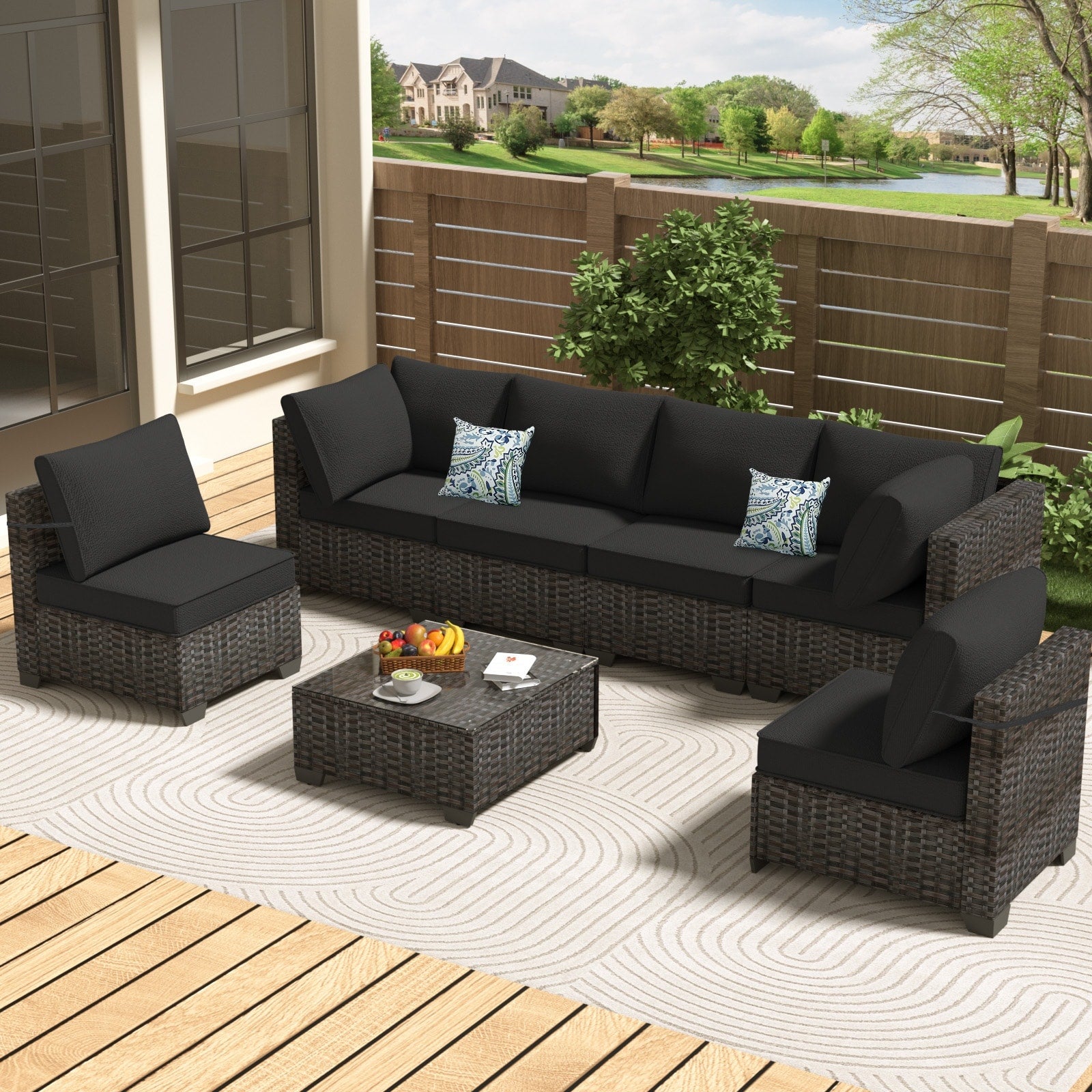 Outdoor 7 Piece Pe Rattan Conversation Set With Coffee Table And Cushions