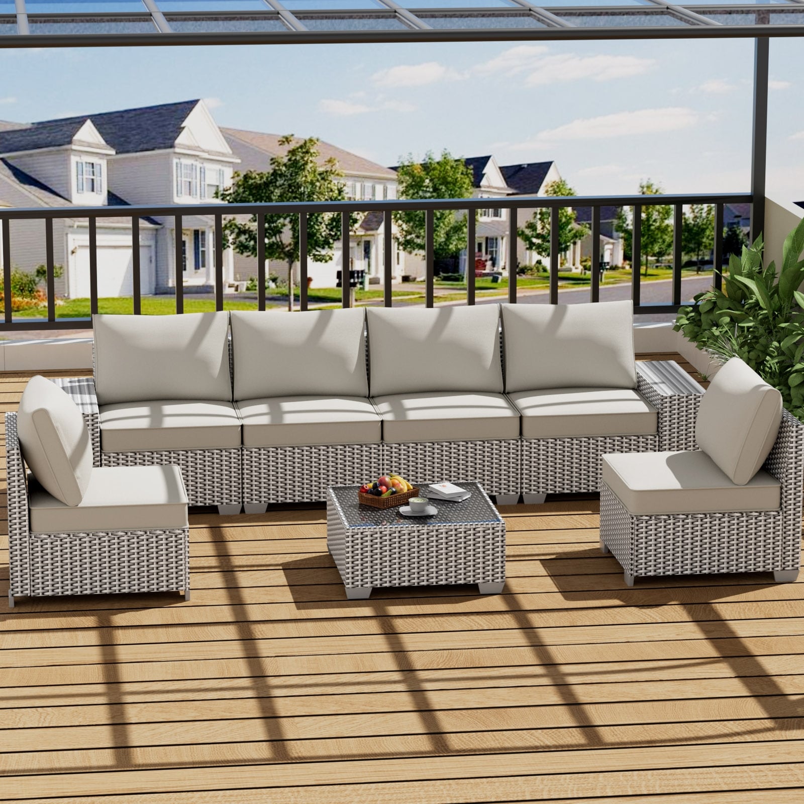 Outdoor 7 Piece Pe Rattan Conversation Set With Coffee Table