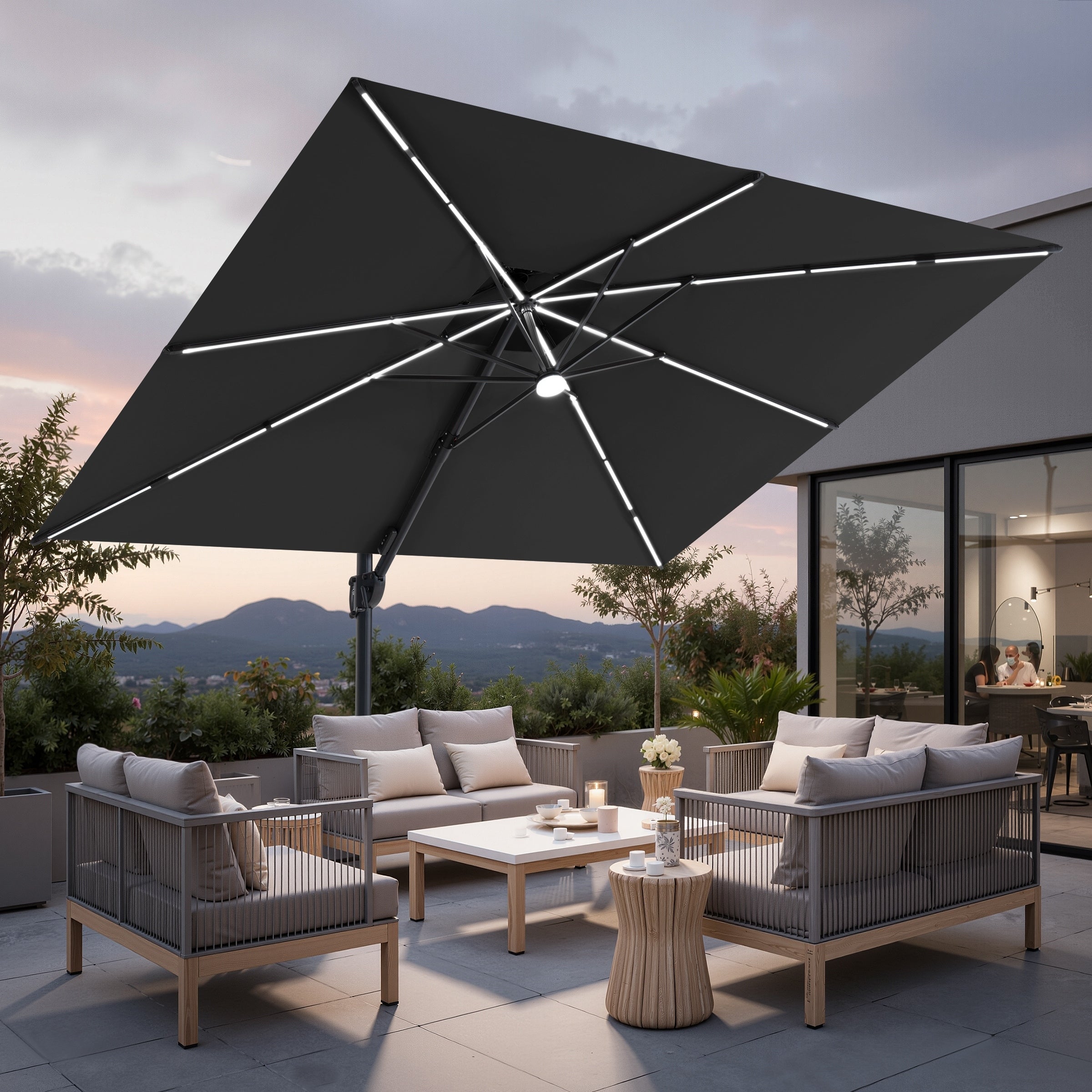 Outdoor 9X11Ft Patio Cantilever Umbrella Double Top With Solar Led Light Strips