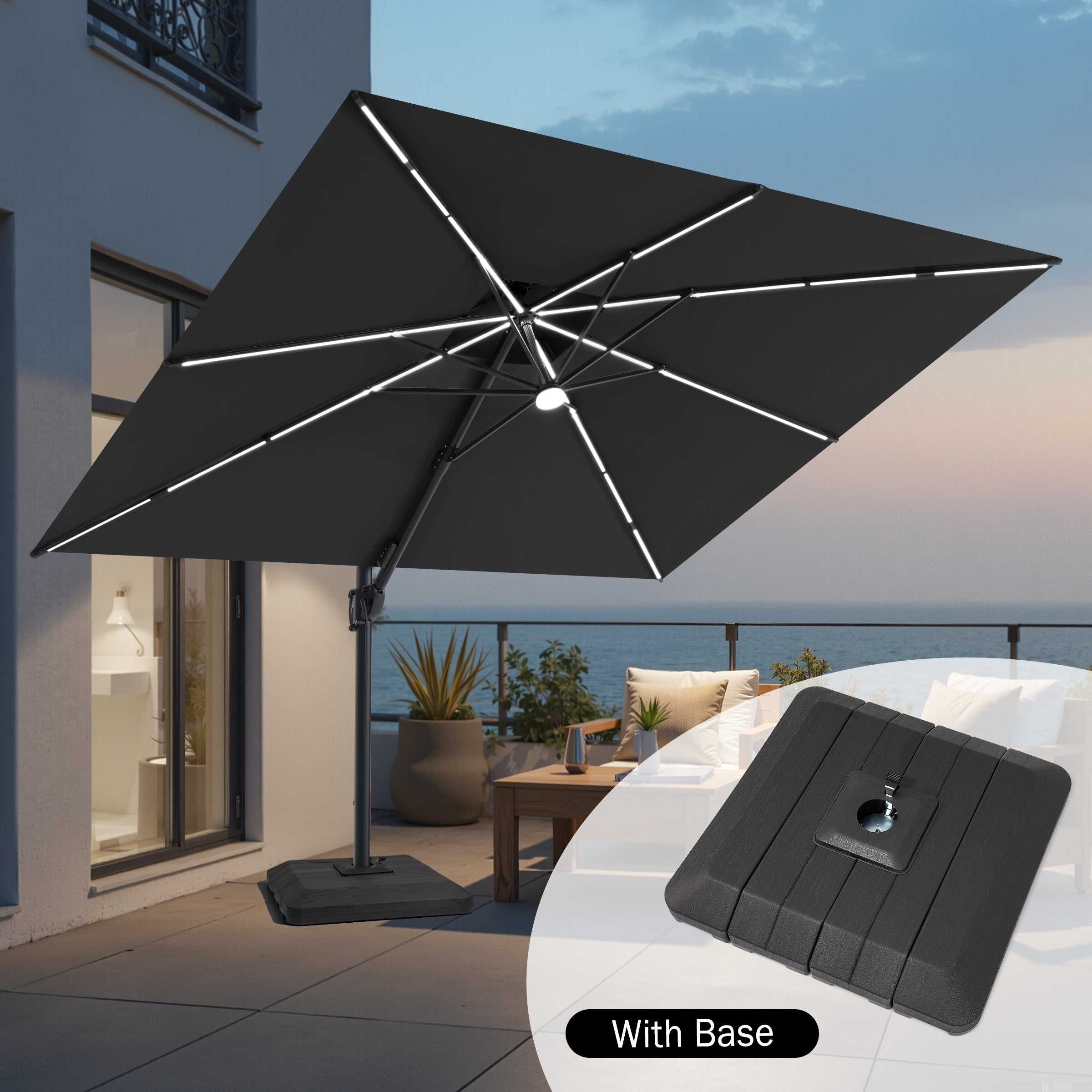 Outdoor 9X11Ft Patio Cantilever Umbrella Solar Light Double Top 360 Rotation Tilt With Base