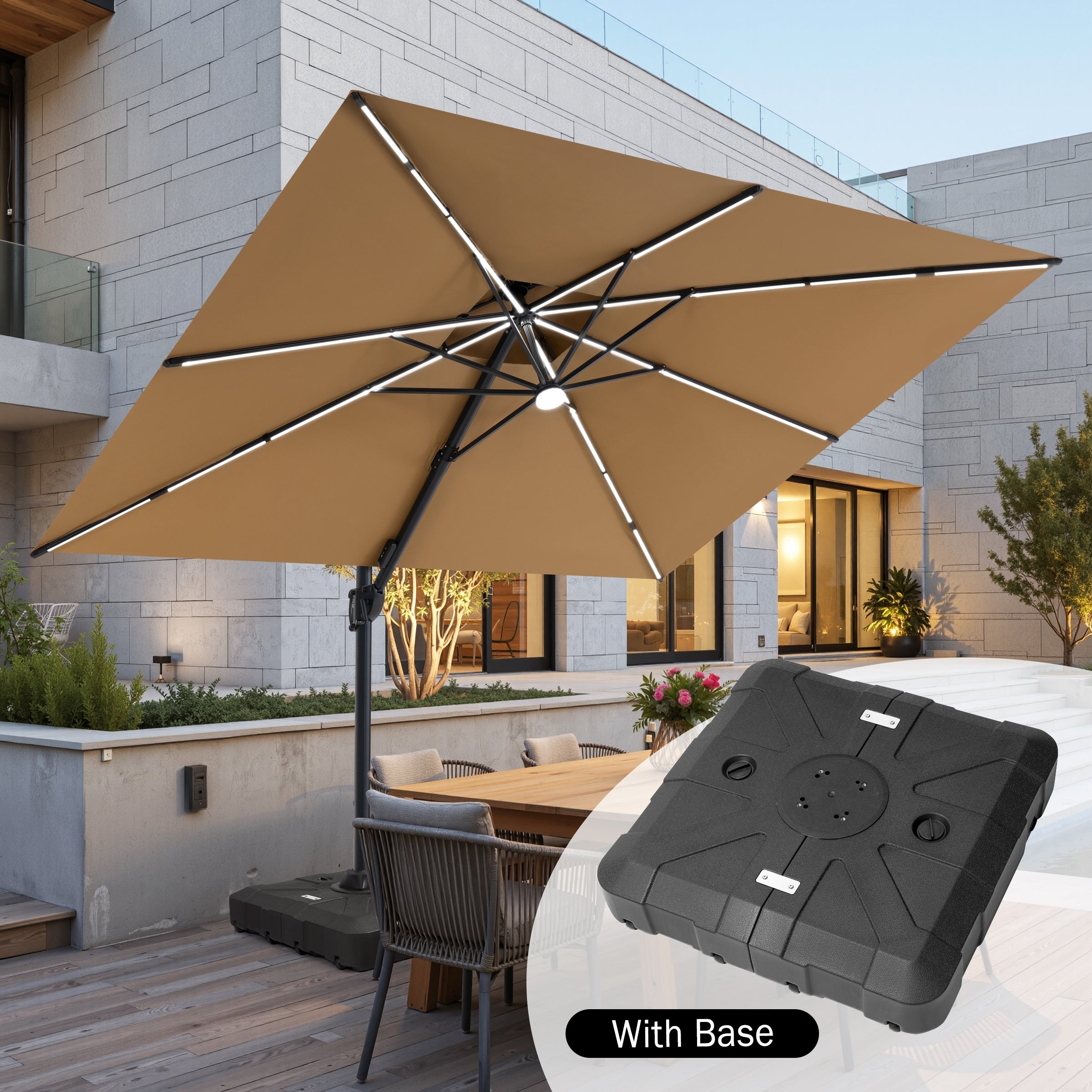 Outdoor 9X11Ft Patio Cantilever Umbrella Solar Light Double Top 360 Rotation Tilt With Wheels Base