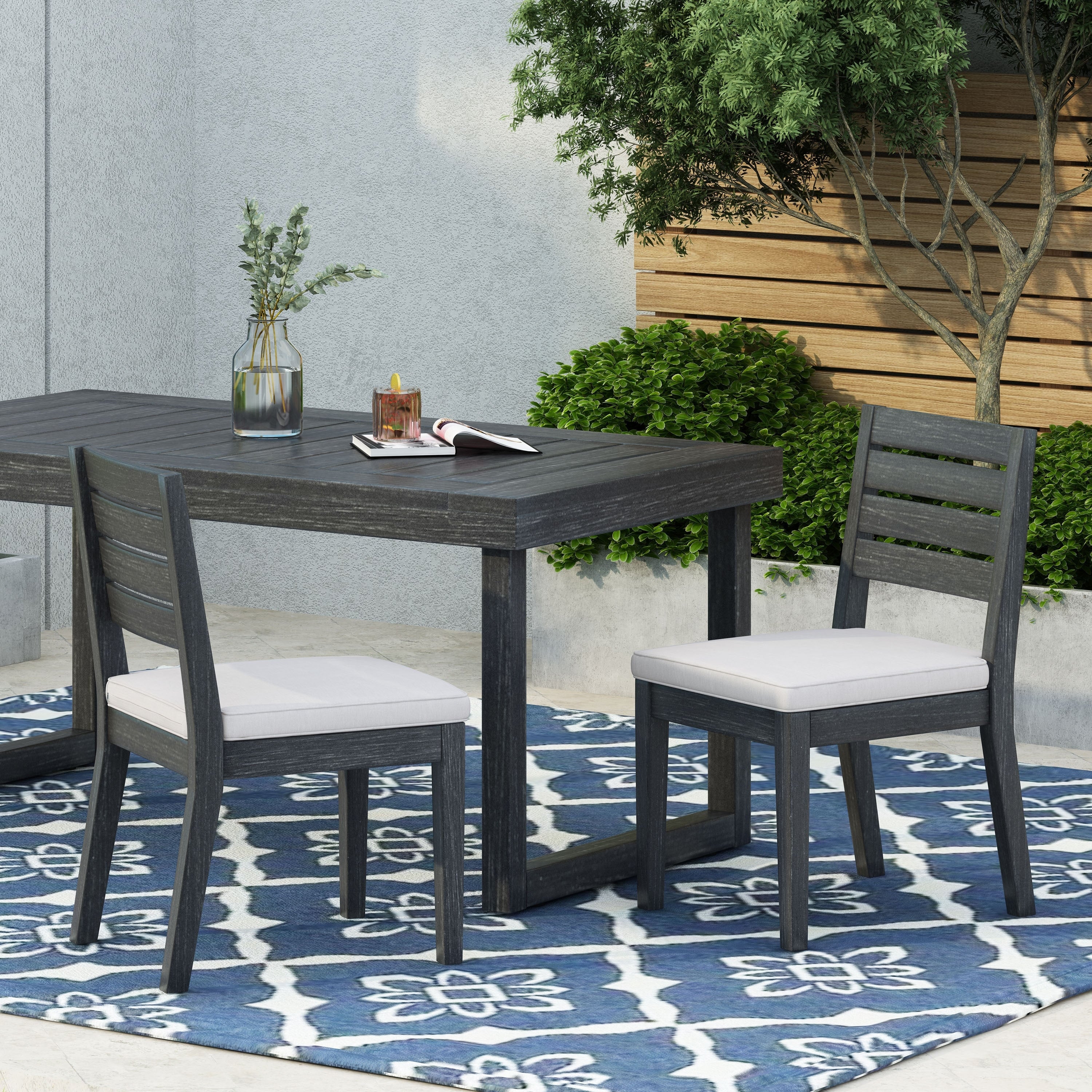 Outdoor Acacia Wood Armless Dining Chair With Cushions Set Of 2 Sandblasted Dark Gray Light Gray