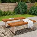 Outdoor Acacia Wood Bench Set Of 2 Teak Finish Brown Wicker