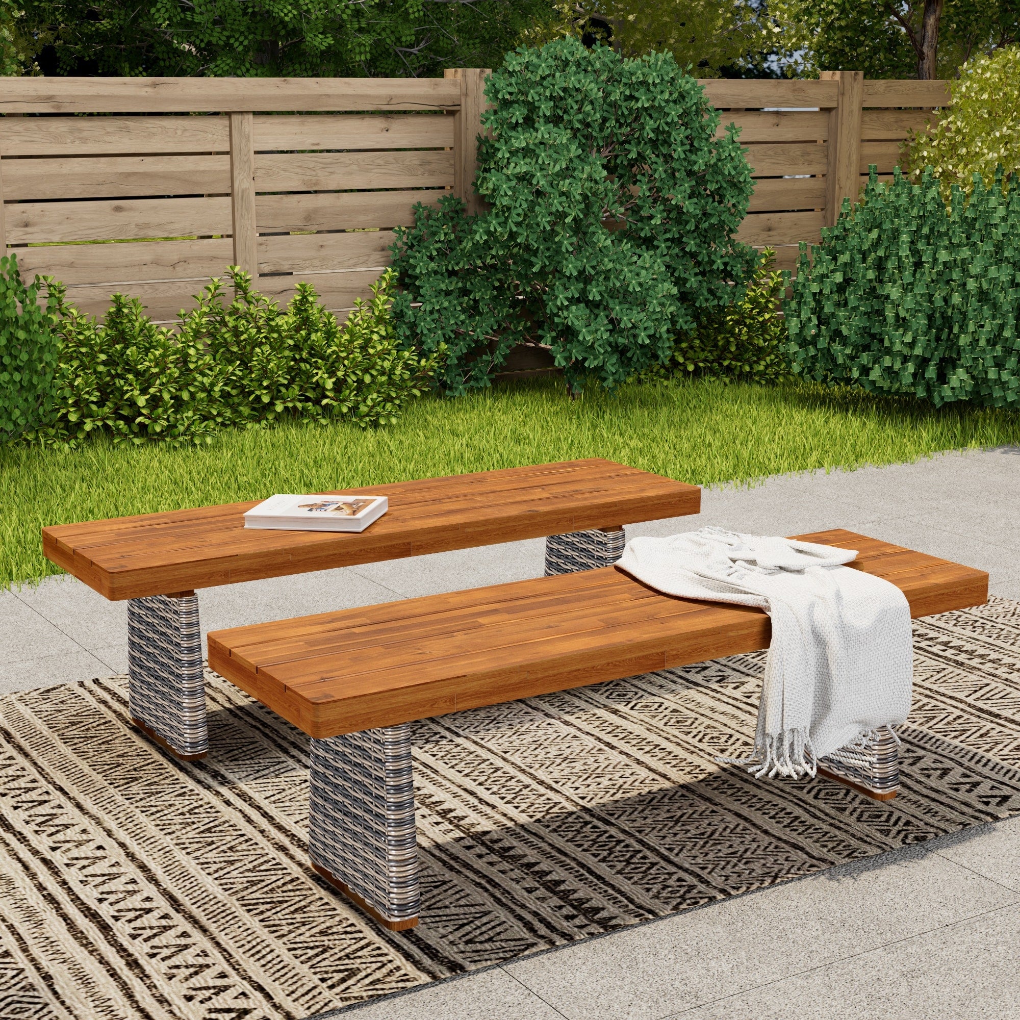 Outdoor Acacia Wood Bench Set Of 2 Teak Finish Grey Wicker