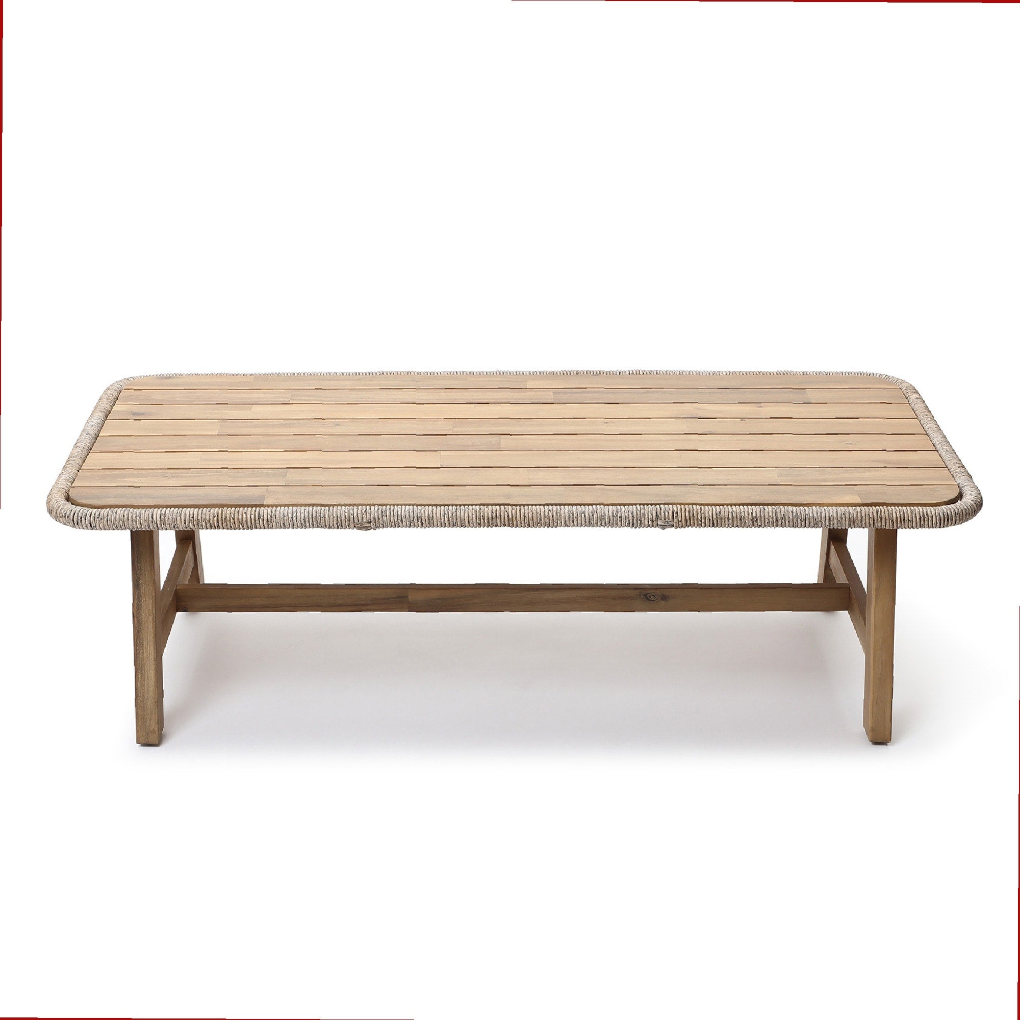 Outdoor Acacia Wood Coffee Table With Woven Wicker Trim 13.78 H X 47.24 W X 23.62 D