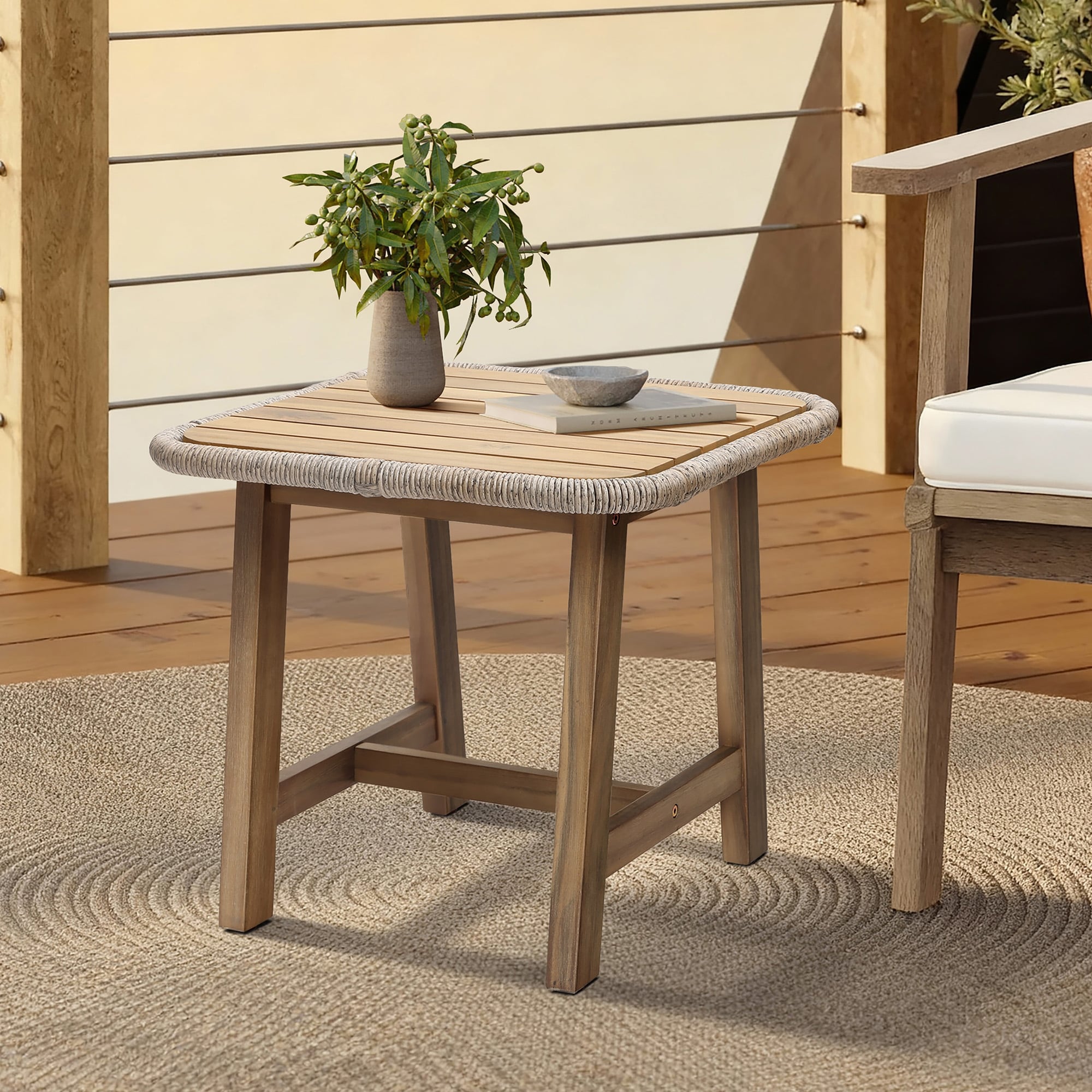 Outdoor Acacia Wood Side Table With Woven Wicker Trim