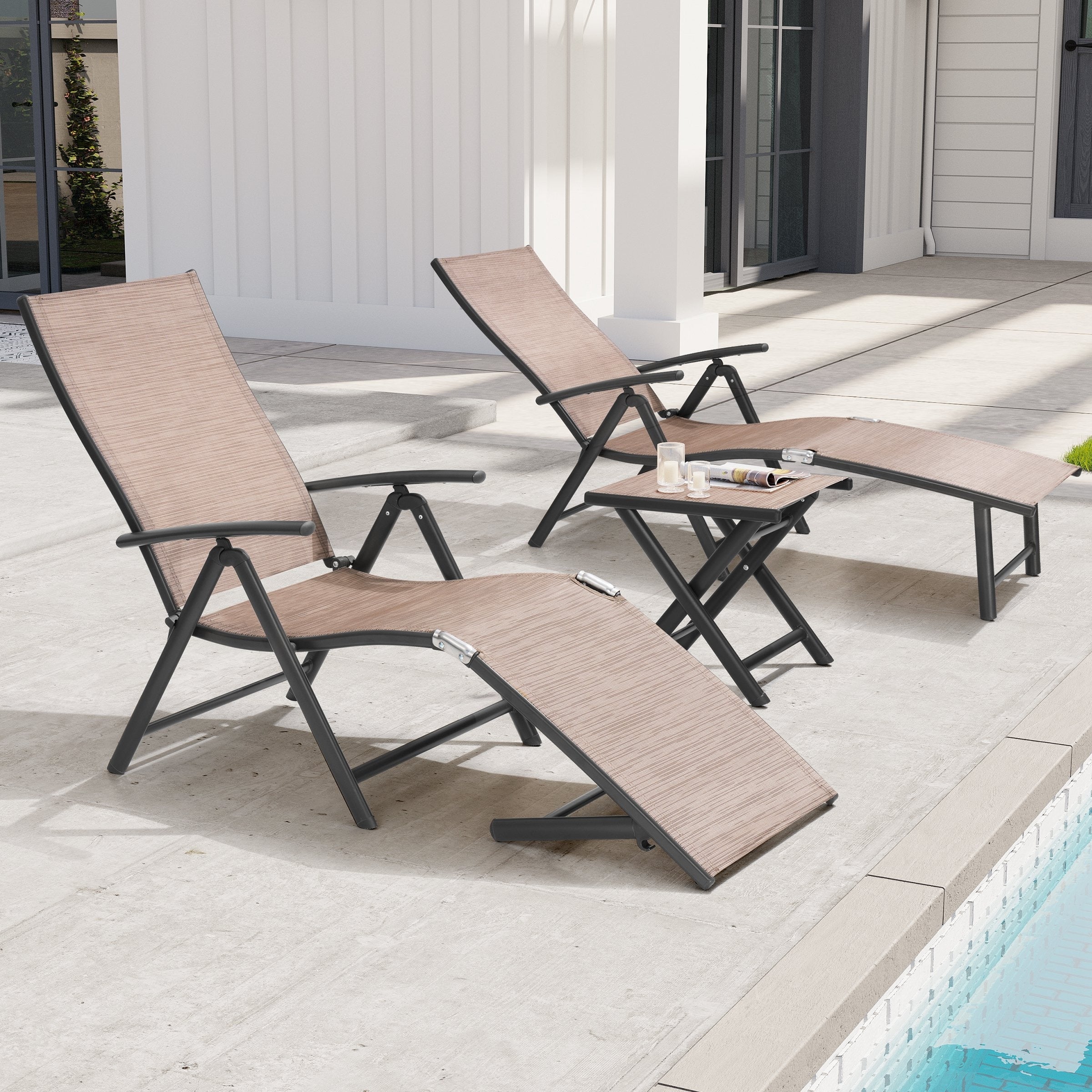 Outdoor Aluminum Folding Adjustable Chaise Lounge Chair And Table Set 24 W X 45 D X 37 H