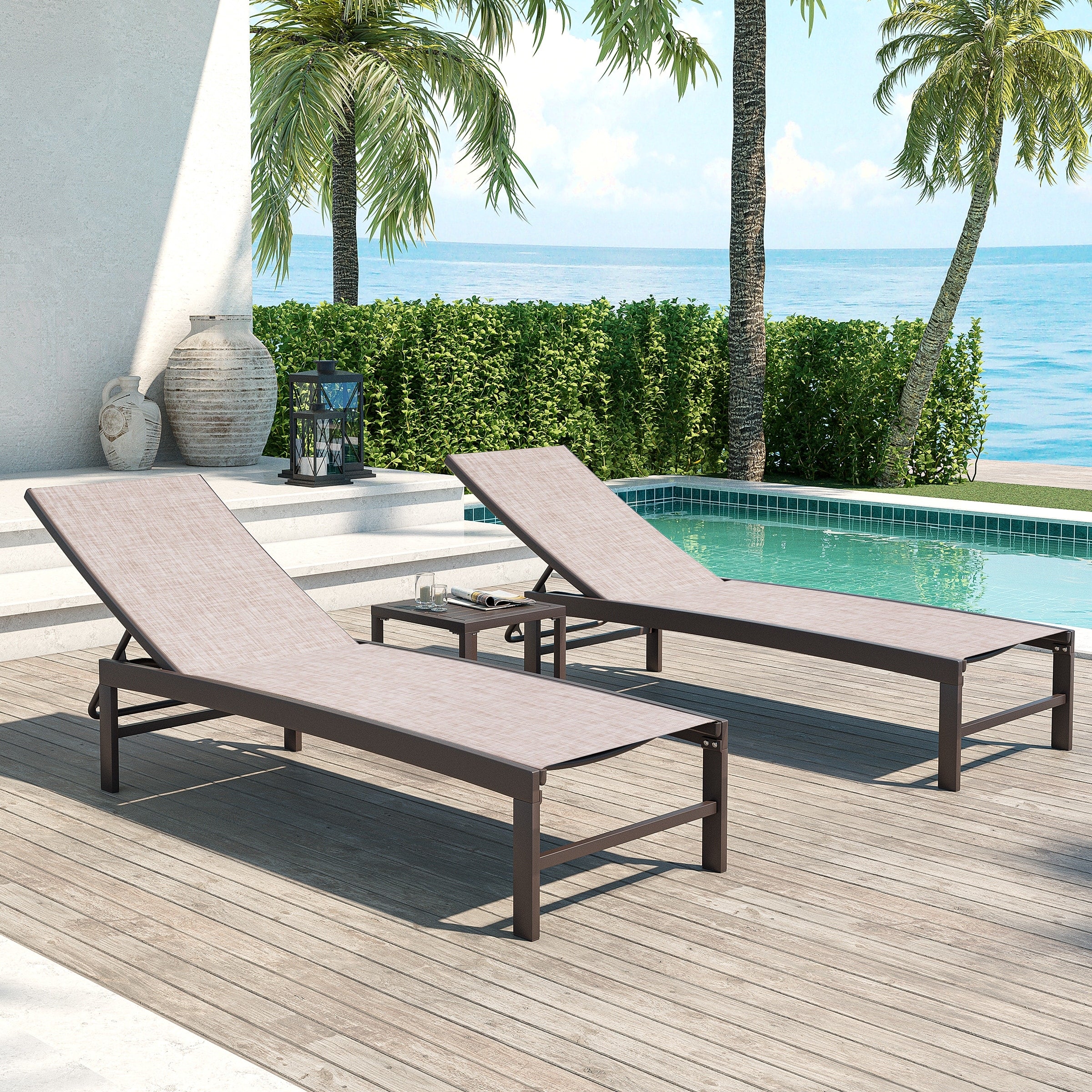 Outdoor Aluminum Adjustable Curved Chaise Lounge Chairs And Table Set See The Description